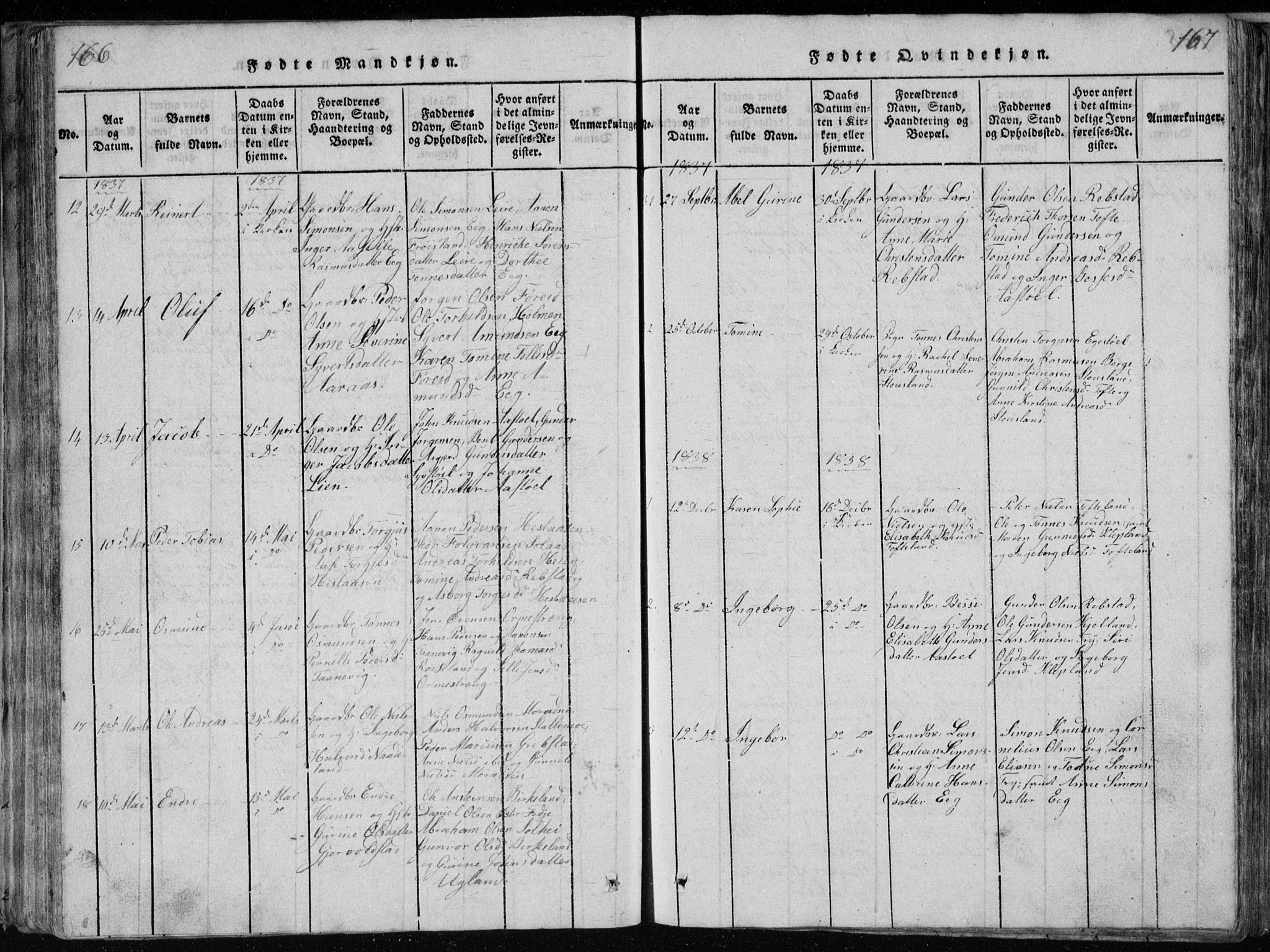 Søgne sokneprestkontor, SAK/1111-0037/F/Fb/Fbb/L0002: Parish register (copy) no. B 2, 1821-1838, p. 166-167