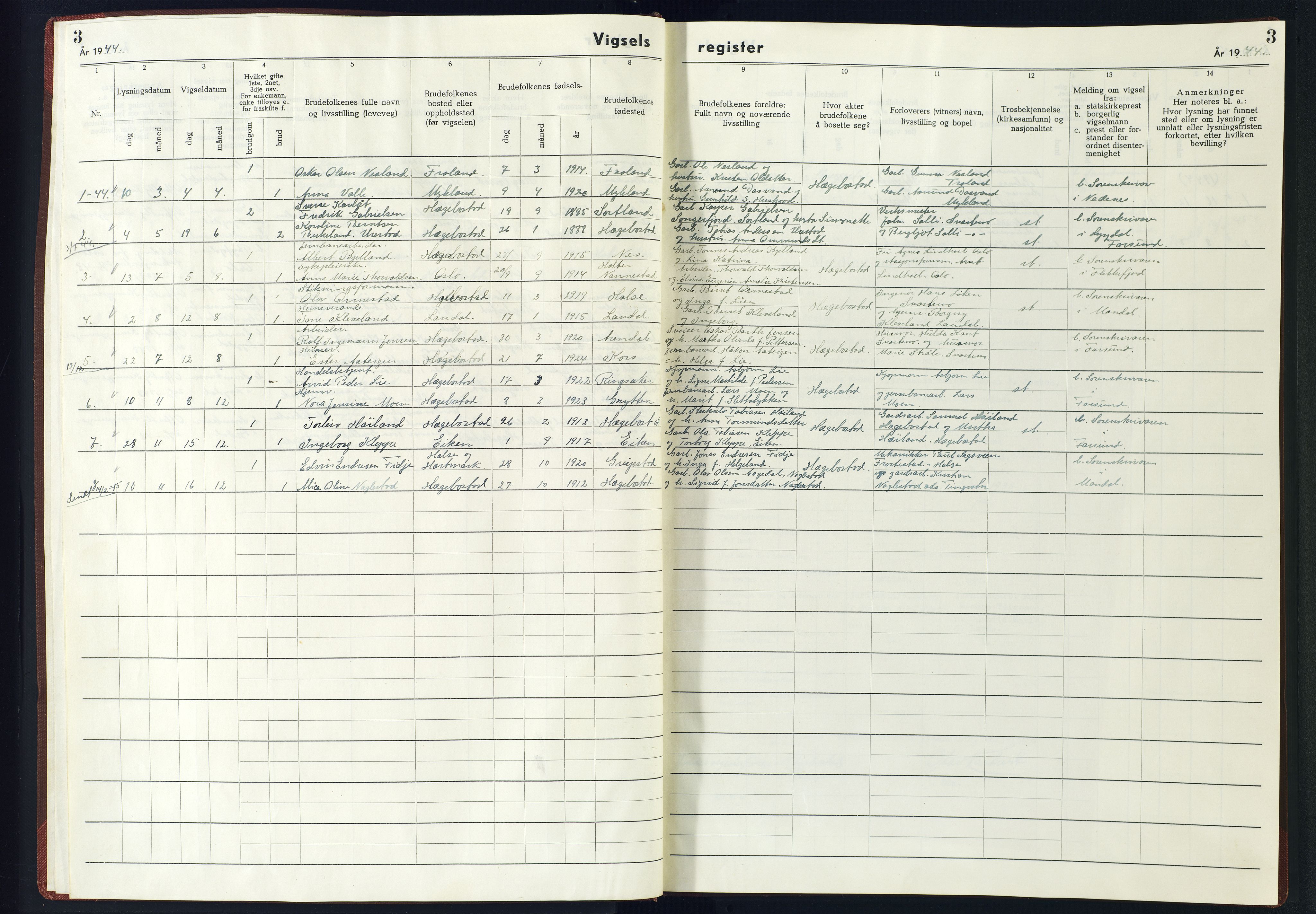 Hægebostad sokneprestkontor, AV/SAK-1111-0024/J/Jb/L0002: Marriage register no. II.6.2, 1942-1945, p. 3