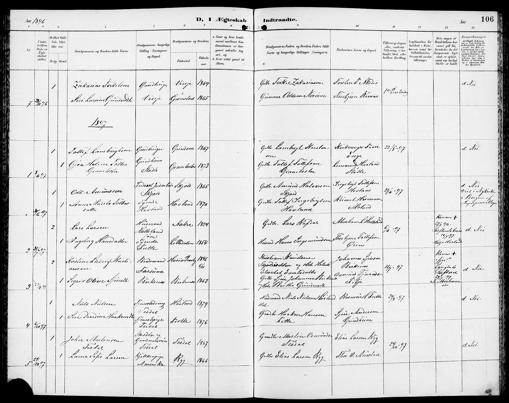 Etne sokneprestembete, SAB/A-75001/H/Hab: Parish register (copy) no. A 6, 1897-1924, p. 106