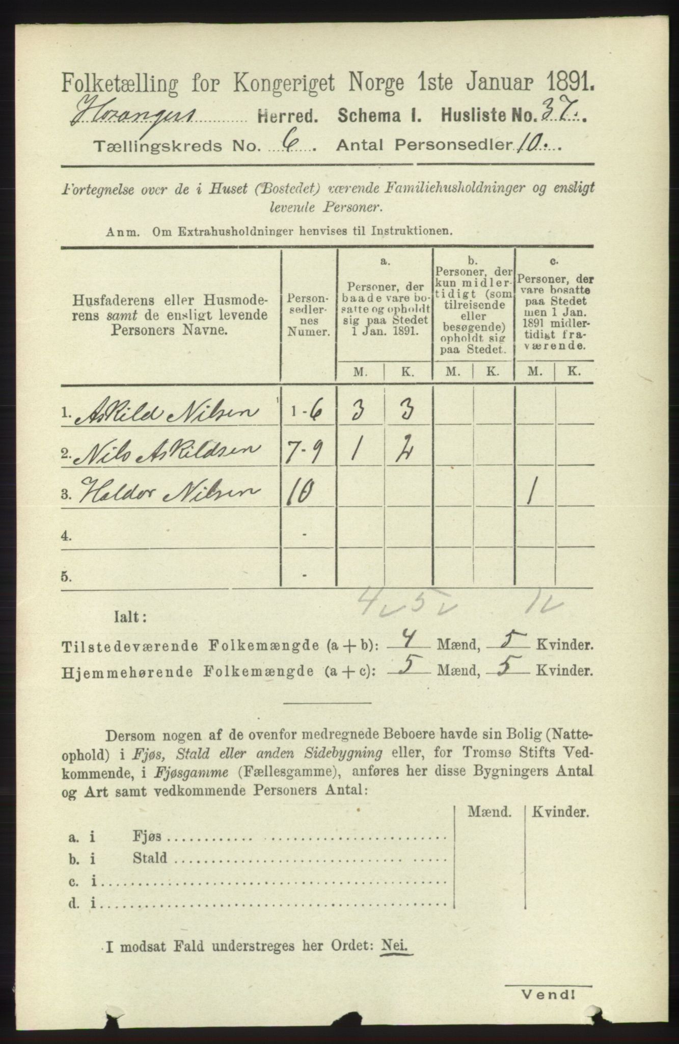 RA, 1891 census for 1253 Hosanger, 1891, p. 2132