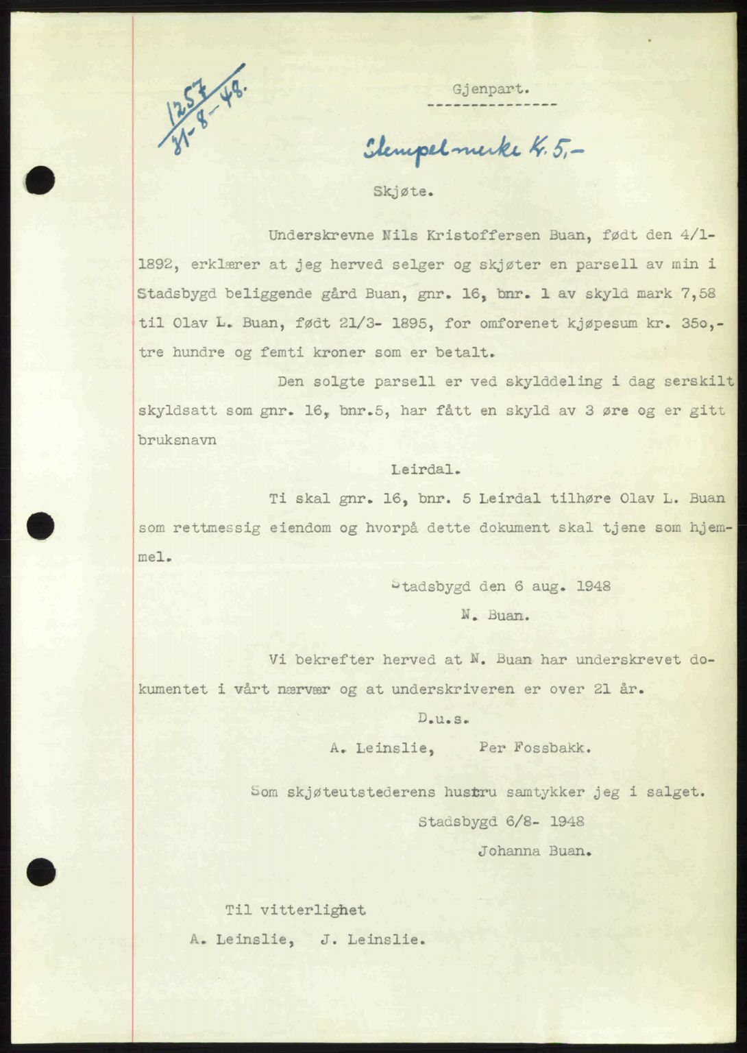 Fosen sorenskriveri, AV/SAT-A-1107/1/2/2C: Mortgage book no. A7-9, 1947-1949, Diary no: : 1257/1948