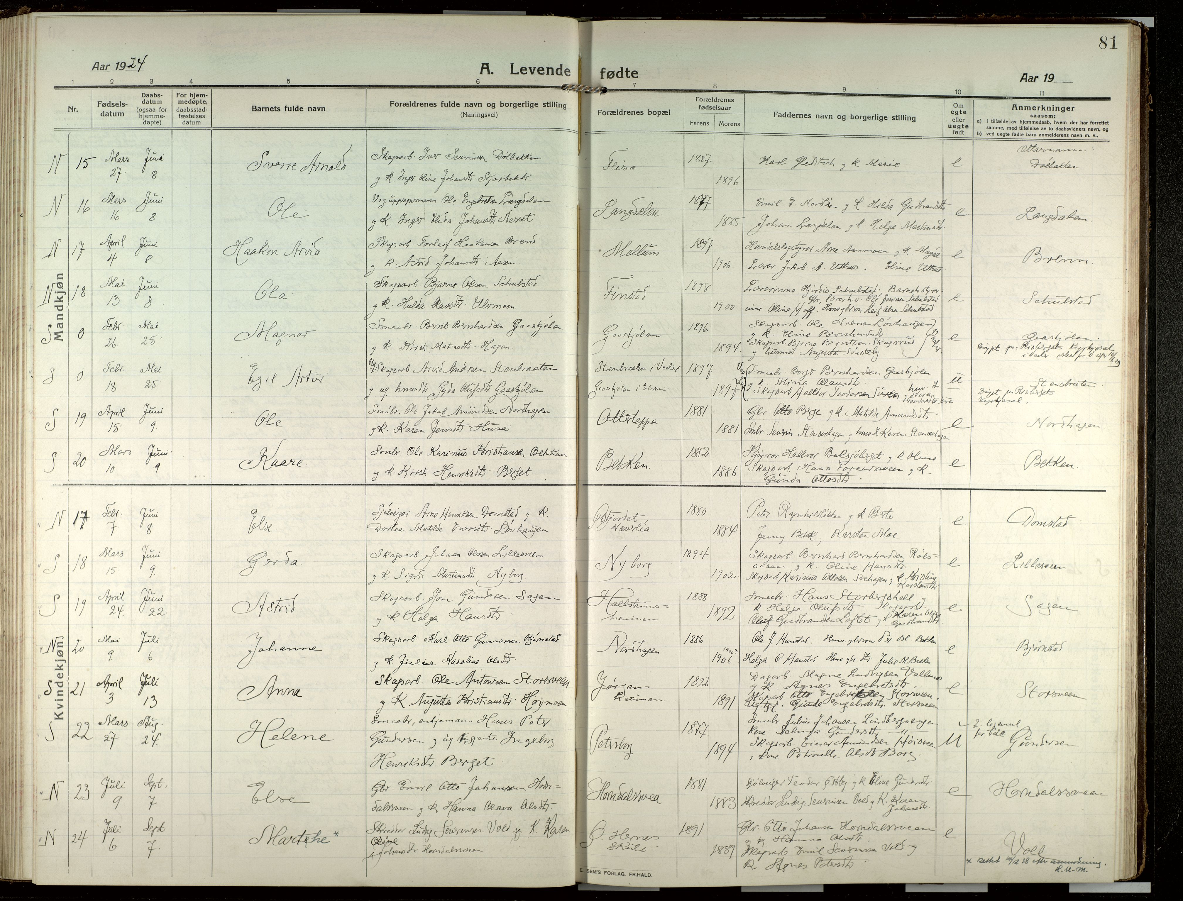 Elverum prestekontor, AV/SAH-PREST-044/H/Ha/Haa/L0022: Parish register (official) no. 22, 1913-1924, p. 81