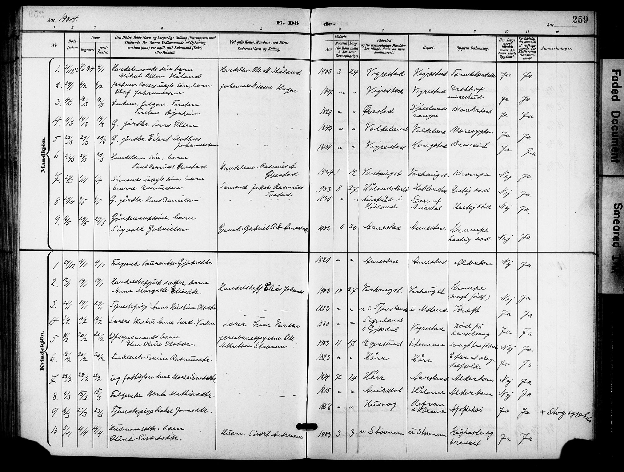 Hå sokneprestkontor, AV/SAST-A-101801/001/30BB/L0006: Parish register (copy) no. B 6, 1900-1924, p. 259