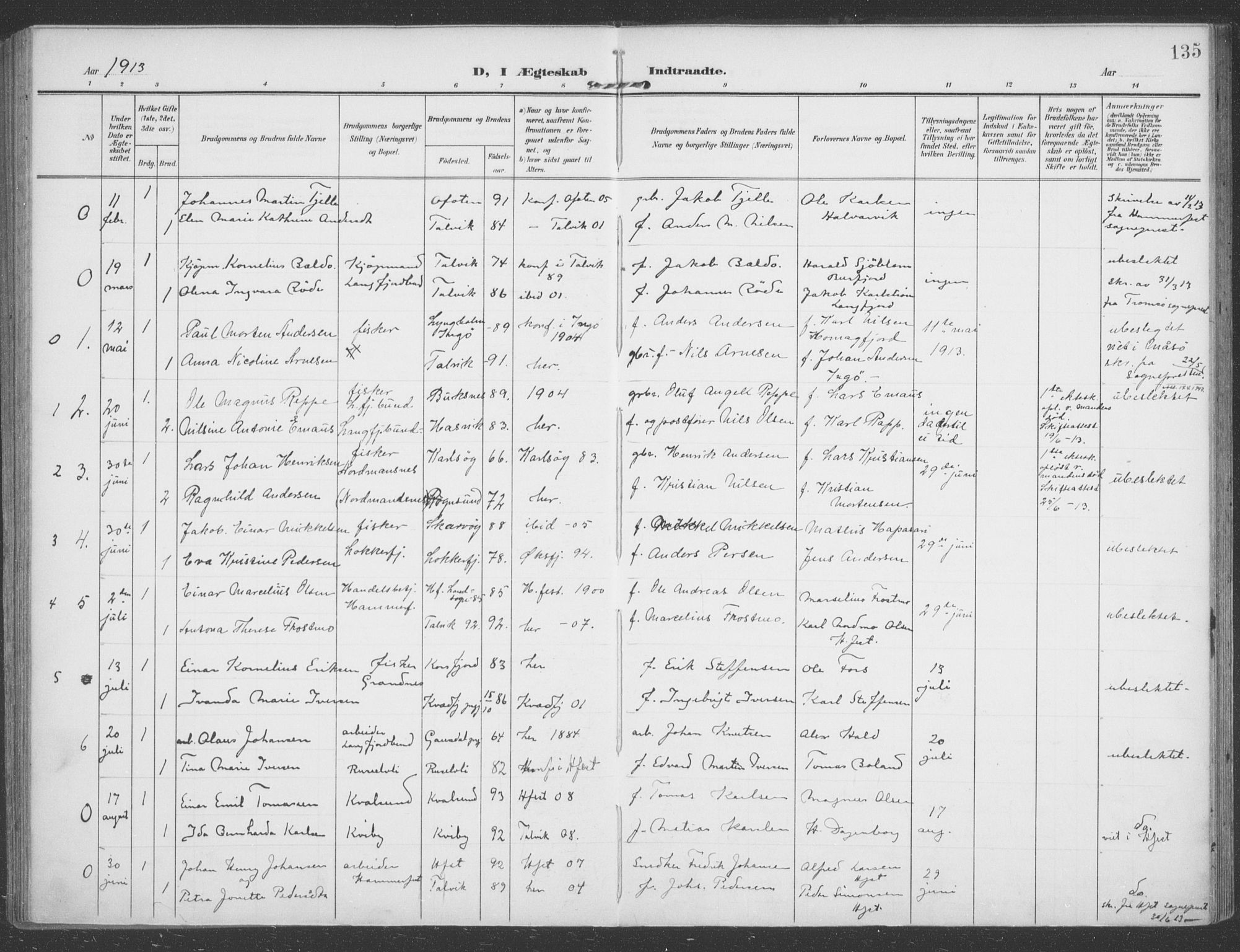 Talvik sokneprestkontor, SATØ/S-1337/H/Ha/L0017kirke: Parish register (official) no. 17, 1906-1915, p. 135