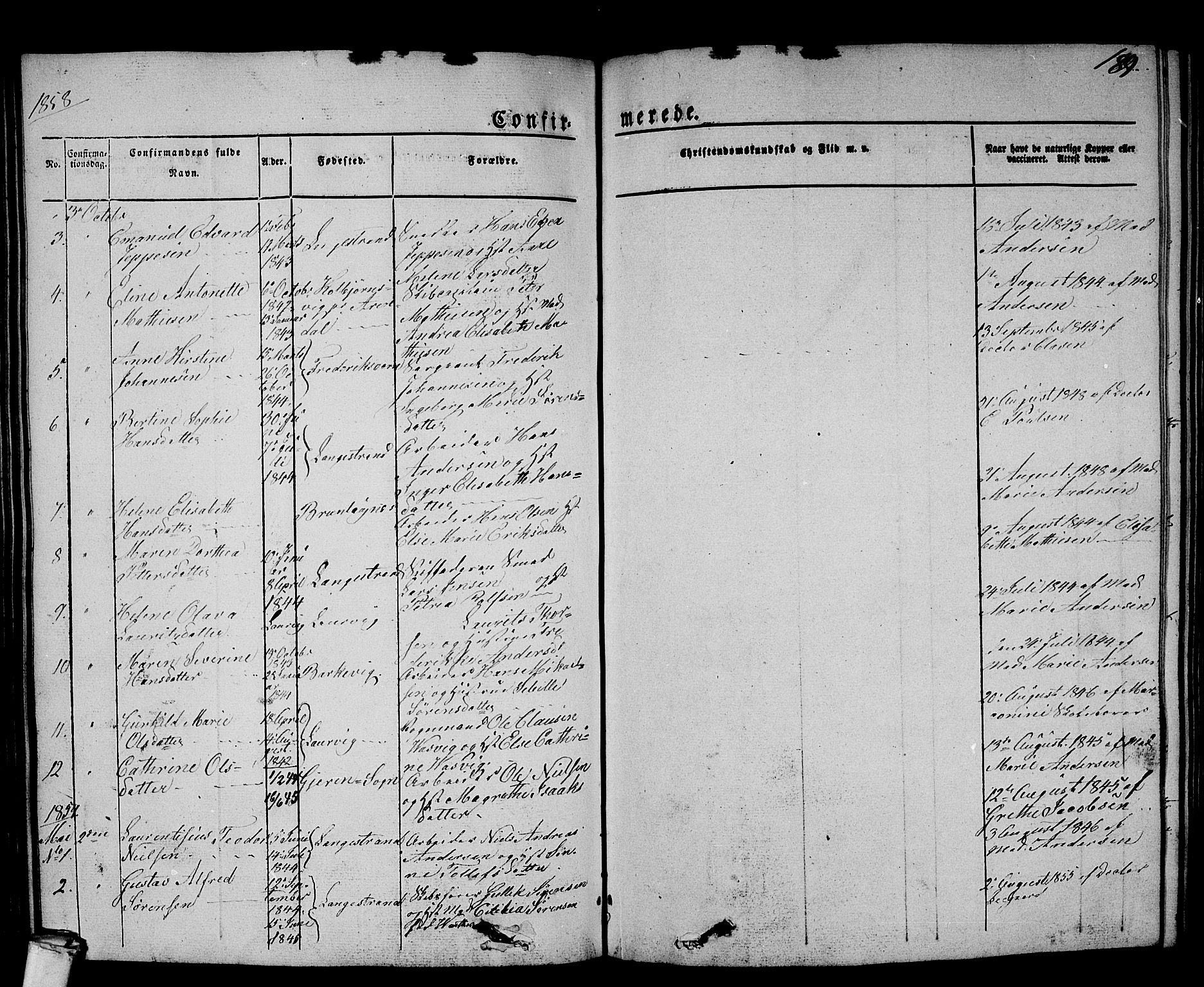 Larvik kirkebøker, SAKO/A-352/G/Gb/L0002: Parish register (copy) no. II 2, 1843-1866, p. 189