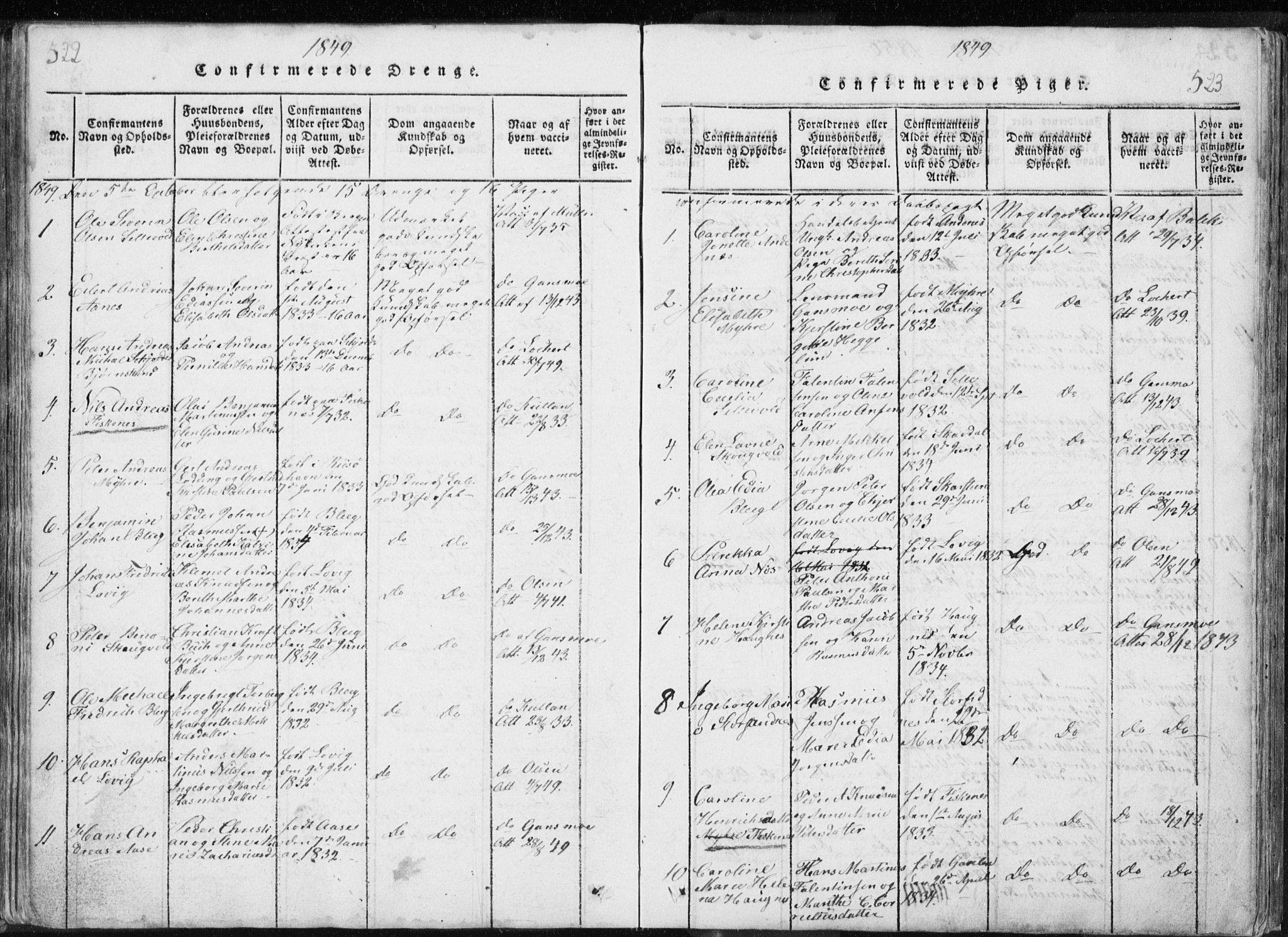 Ministerialprotokoller, klokkerbøker og fødselsregistre - Nordland, AV/SAT-A-1459/897/L1411: Parish register (copy) no. 897C01, 1820-1866, p. 522-523