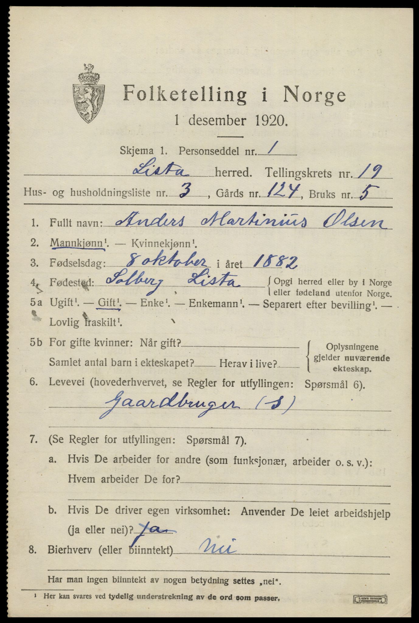 SAK, 1920 census for Lista, 1920, p. 14055