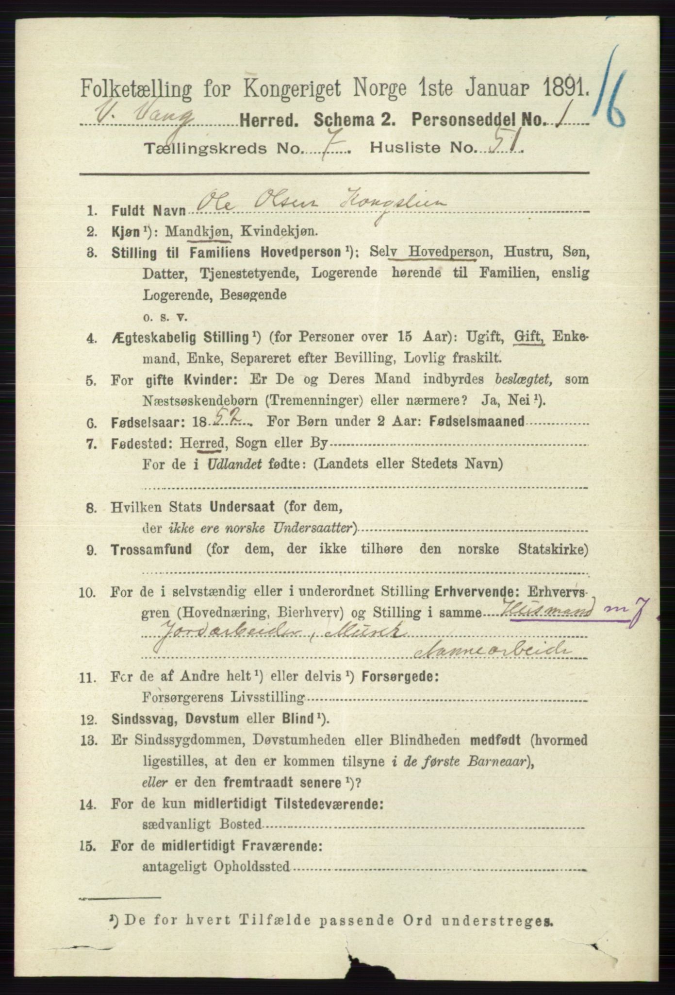 RA, 1891 census for 0545 Vang, 1891, p. 1722