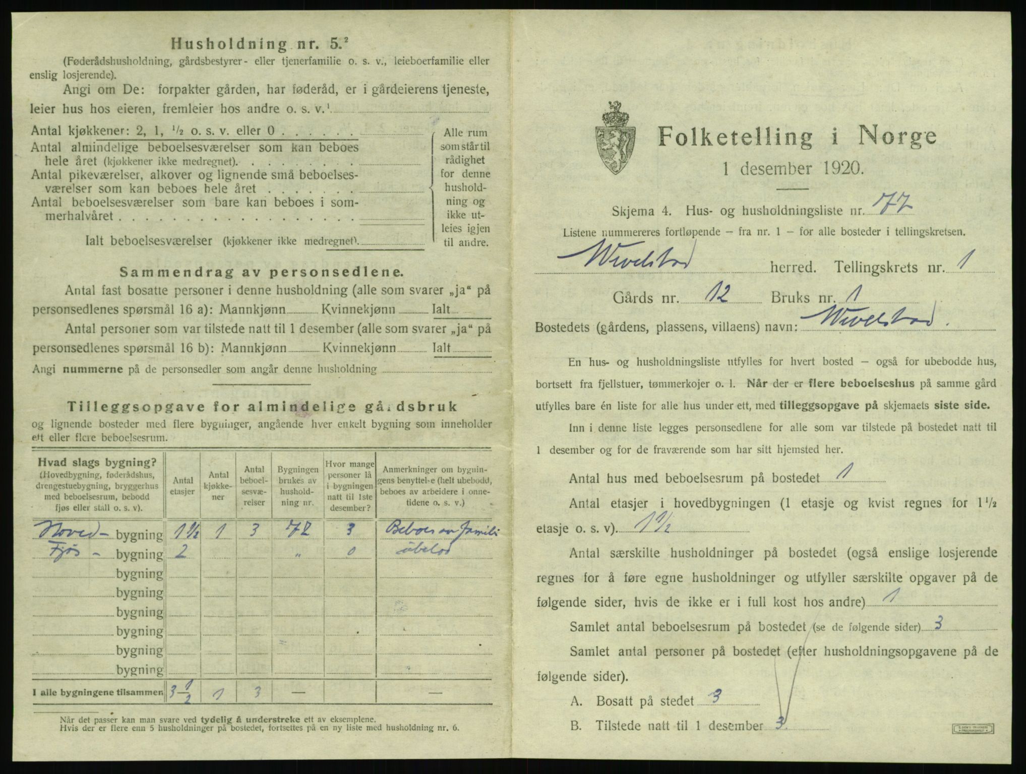 SAT, 1920 census for Vevelstad, 1920, p. 172