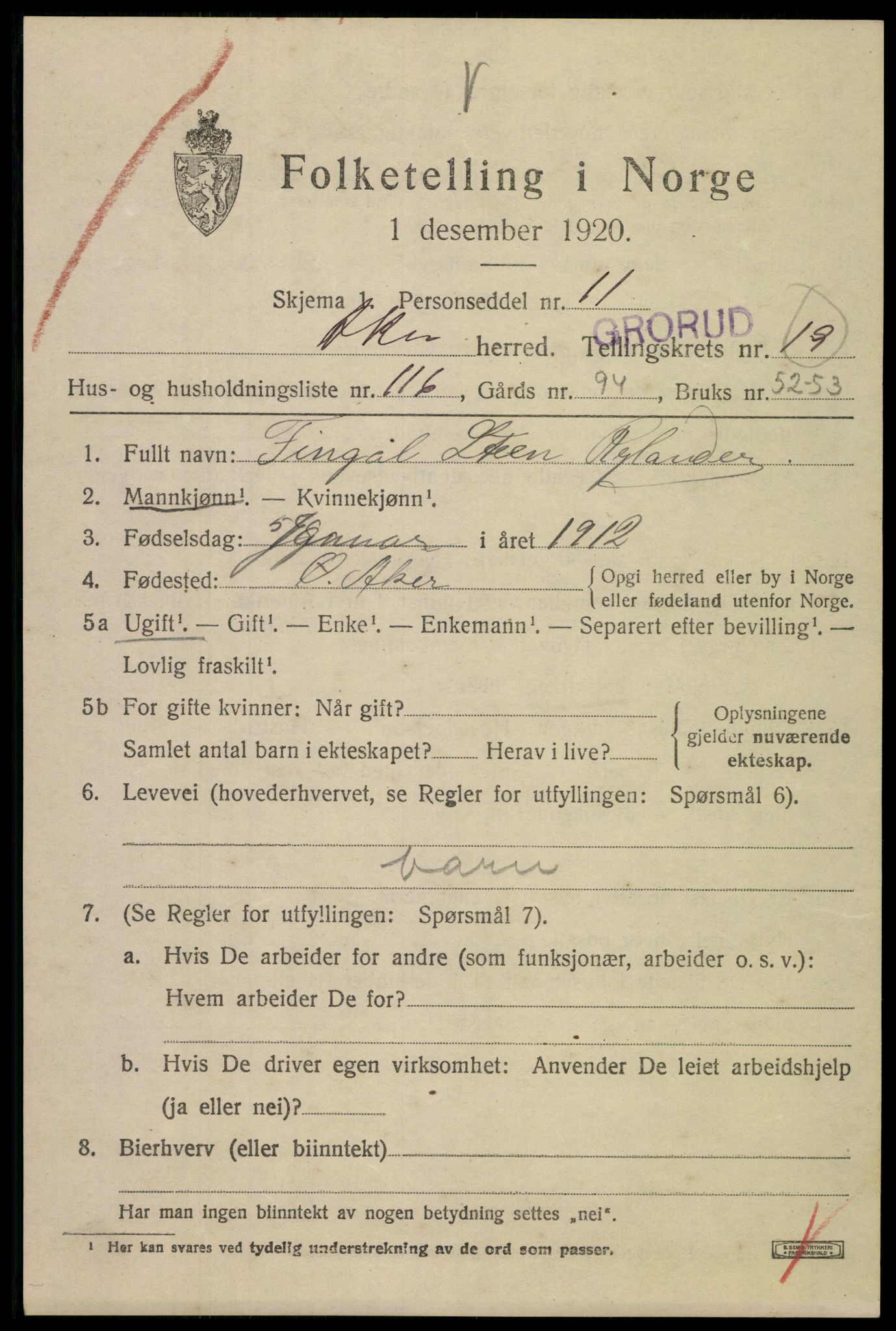 SAO, 1920 census for Aker, 1920, p. 119562