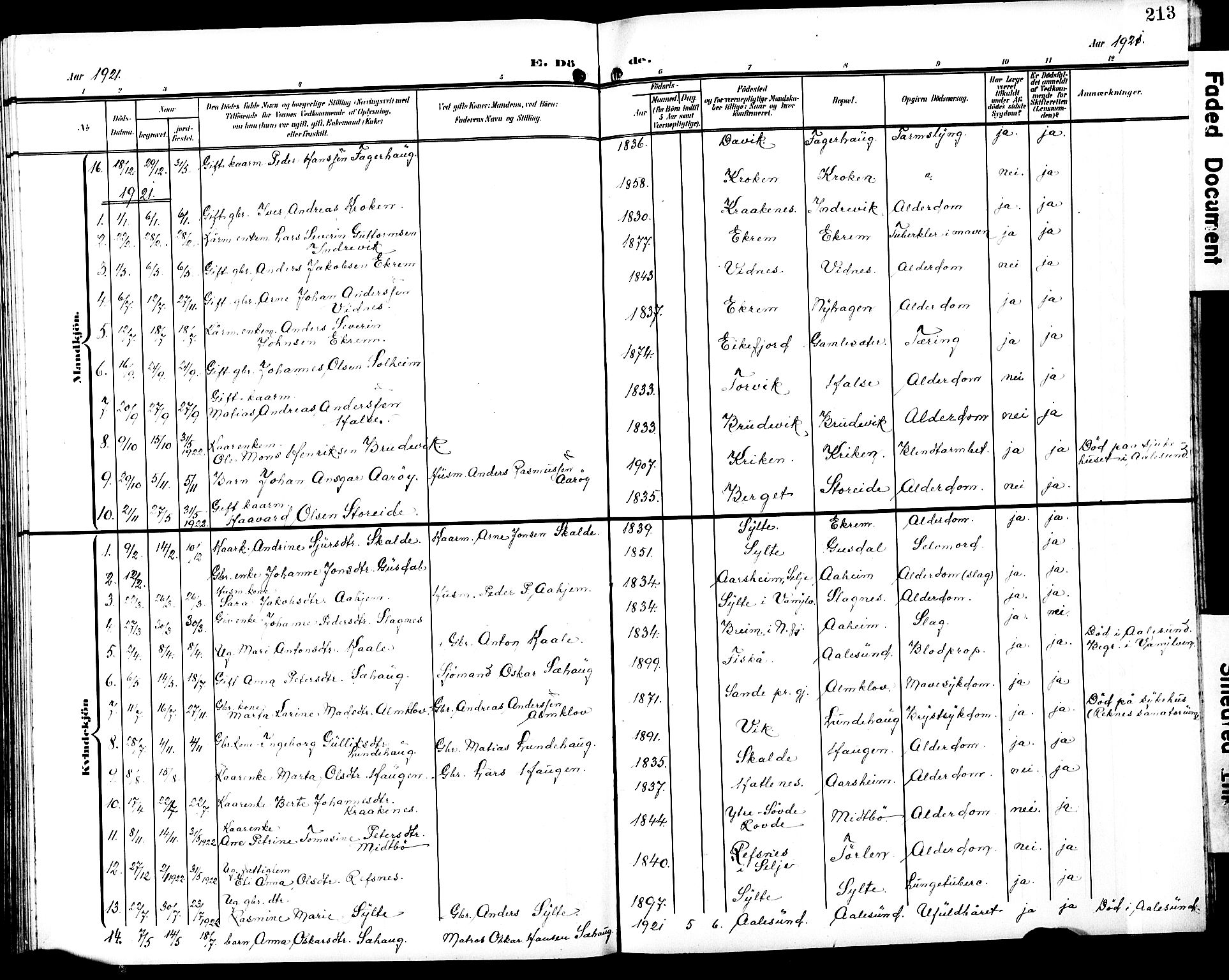 Ministerialprotokoller, klokkerbøker og fødselsregistre - Møre og Romsdal, SAT/A-1454/501/L0018: Parish register (copy) no. 501C04, 1902-1930, p. 213