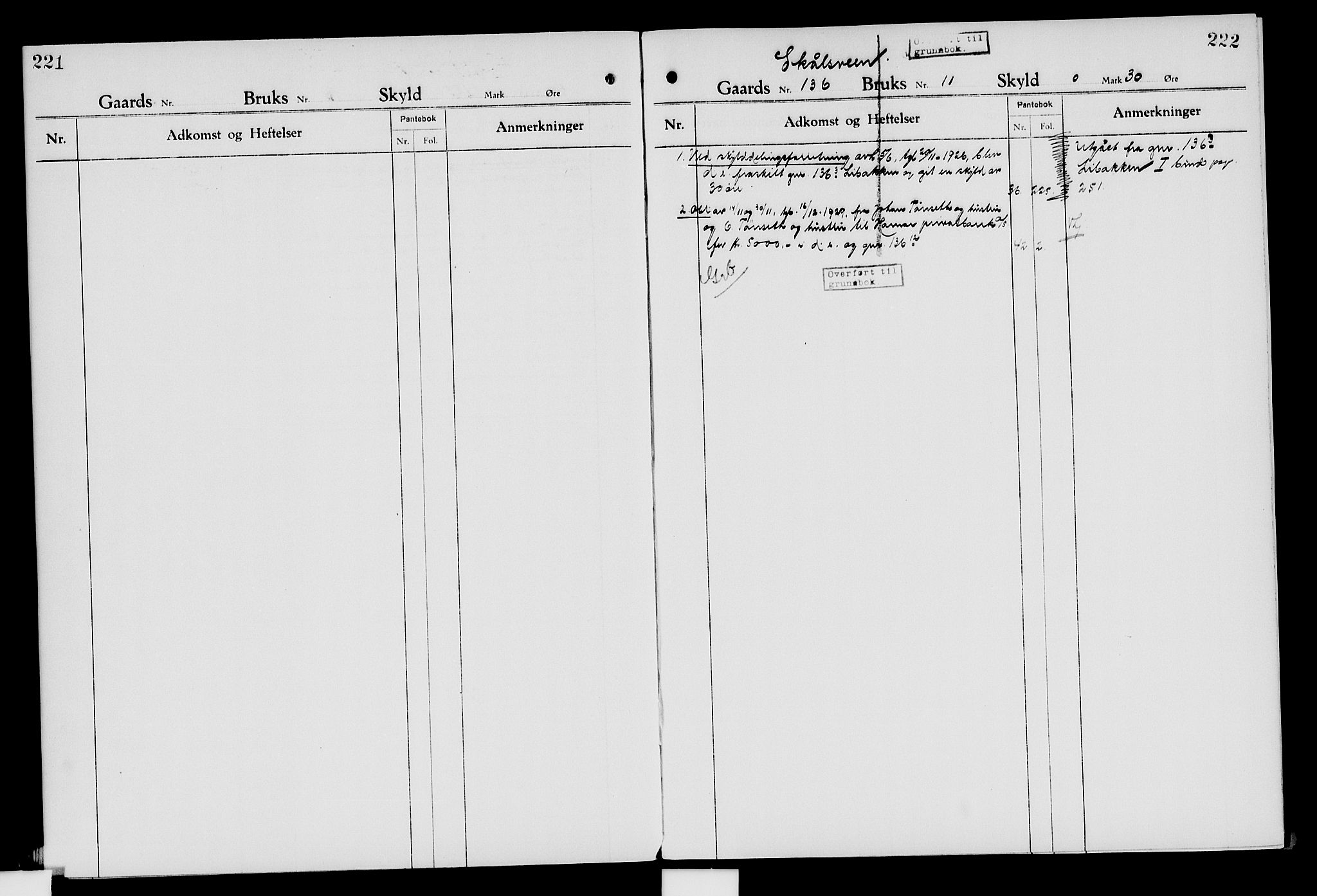 Nord-Hedmark sorenskriveri, SAH/TING-012/H/Ha/Had/Hade/L0007: Mortgage register no. 4.7, 1924-1940, p. 221-222