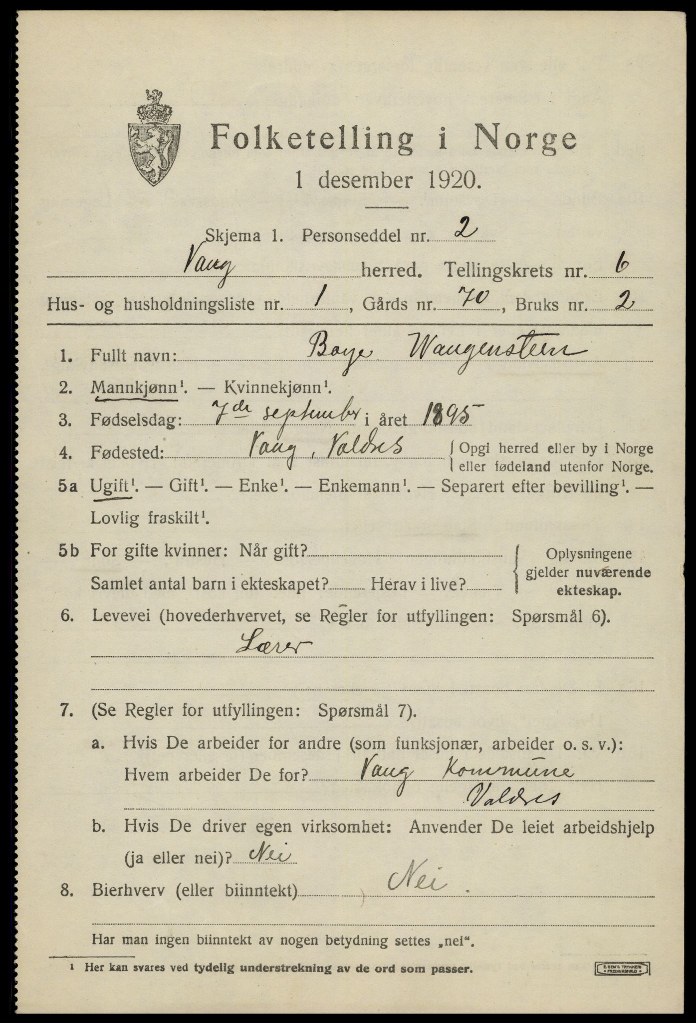 SAH, 1920 census for Vang (Oppland), 1920, p. 2631