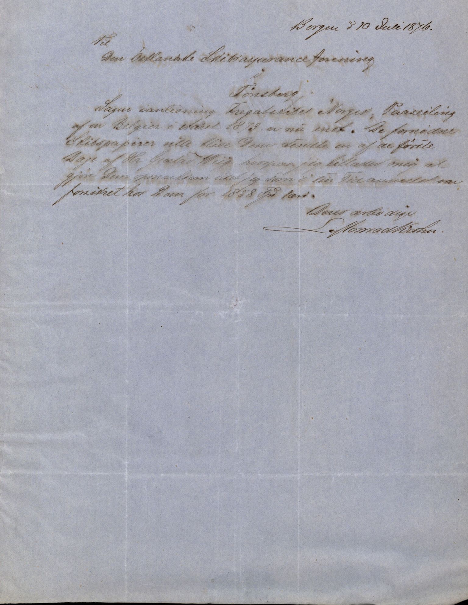 Pa 63 - Østlandske skibsassuranceforening, VEMU/A-1079/G/Ga/L0005/0013: Havaridokumenter / Norge, 1873
