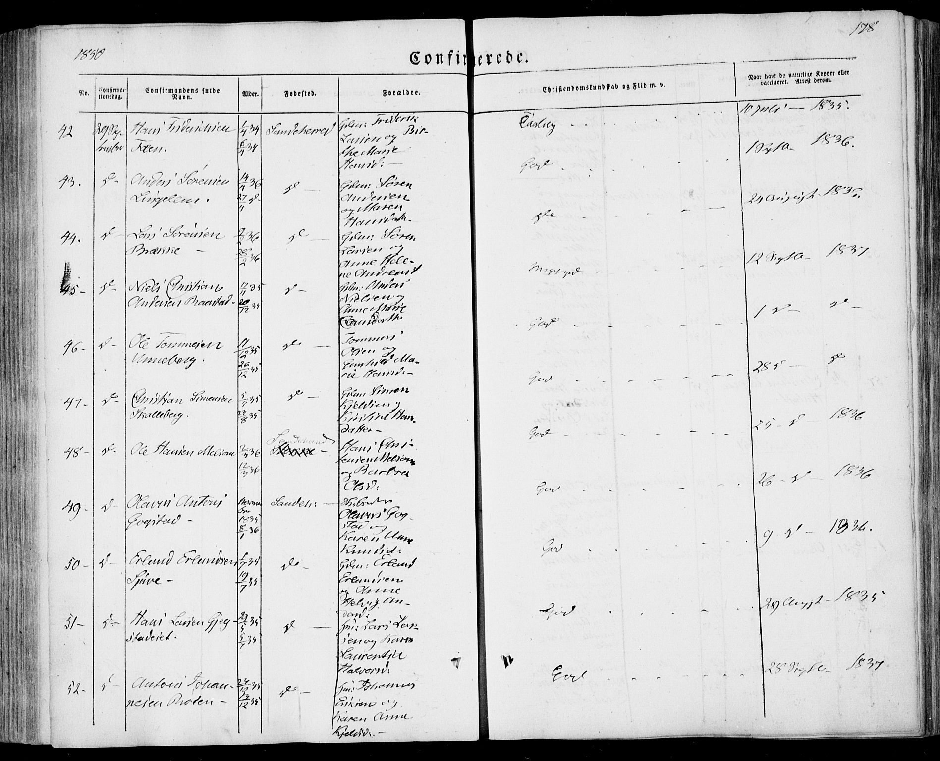 Sandar kirkebøker, SAKO/A-243/F/Fa/L0006: Parish register (official) no. 6, 1847-1860, p. 178