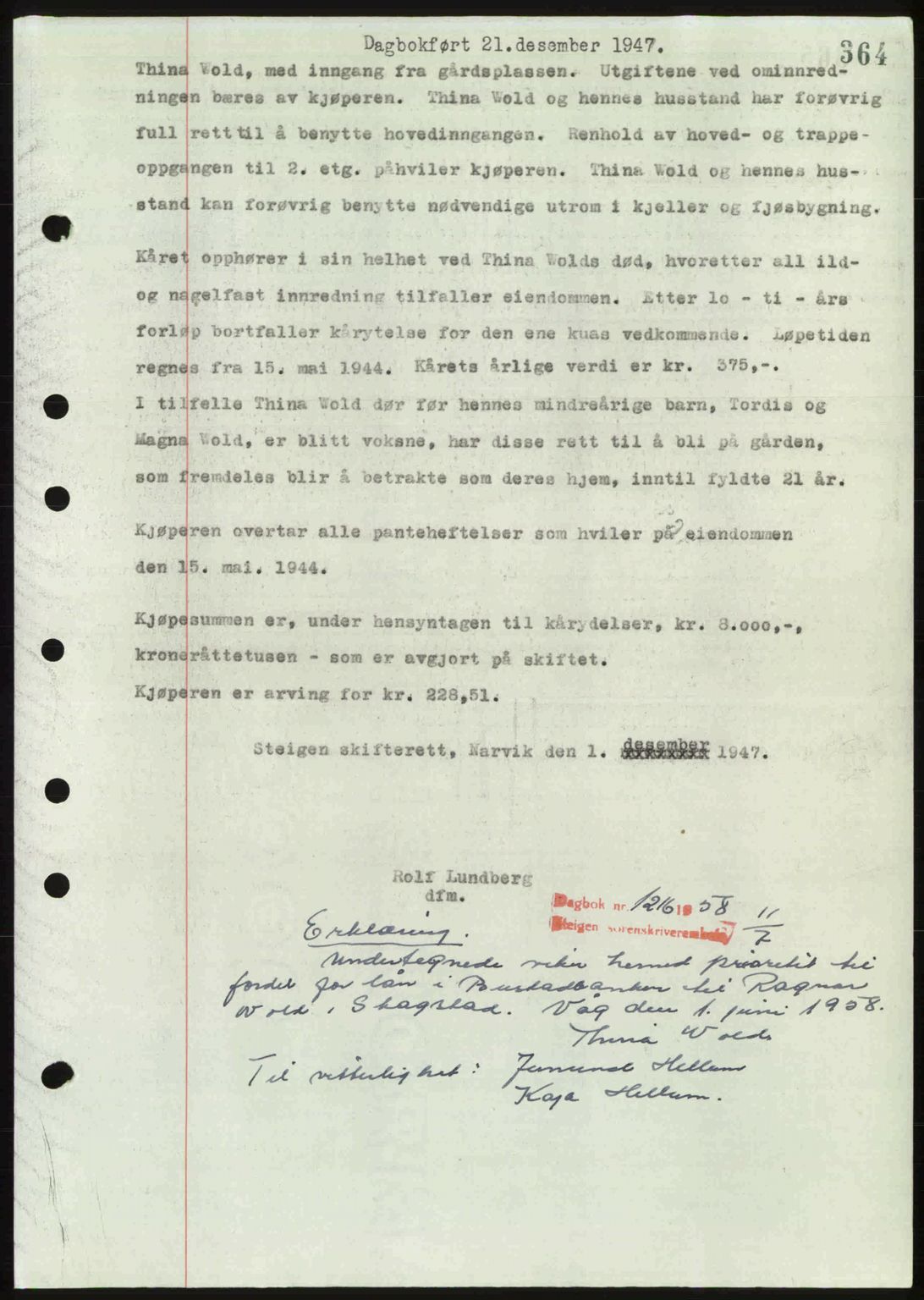 Steigen og Ofoten sorenskriveri, AV/SAT-A-0030/1/2/2C: Mortgage book no. A2, 1942-1948, Diary no: : 2166/1947