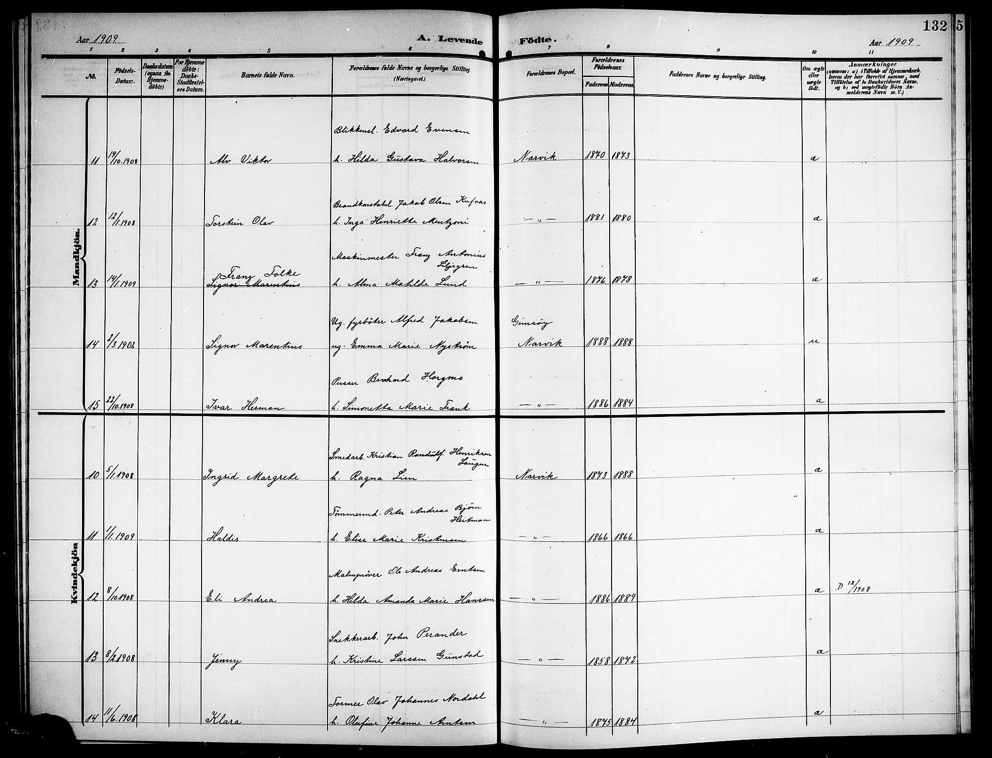 Ministerialprotokoller, klokkerbøker og fødselsregistre - Nordland, AV/SAT-A-1459/871/L1012: Parish register (copy) no. 871C01, 1902-1909, p. 132