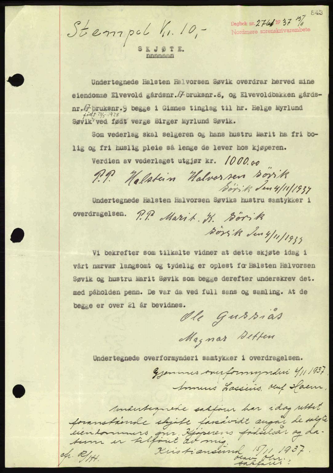Nordmøre sorenskriveri, SAT/A-4132/1/2/2Ca: Mortgage book no. A82, 1937-1938, Diary no: : 2761/1937