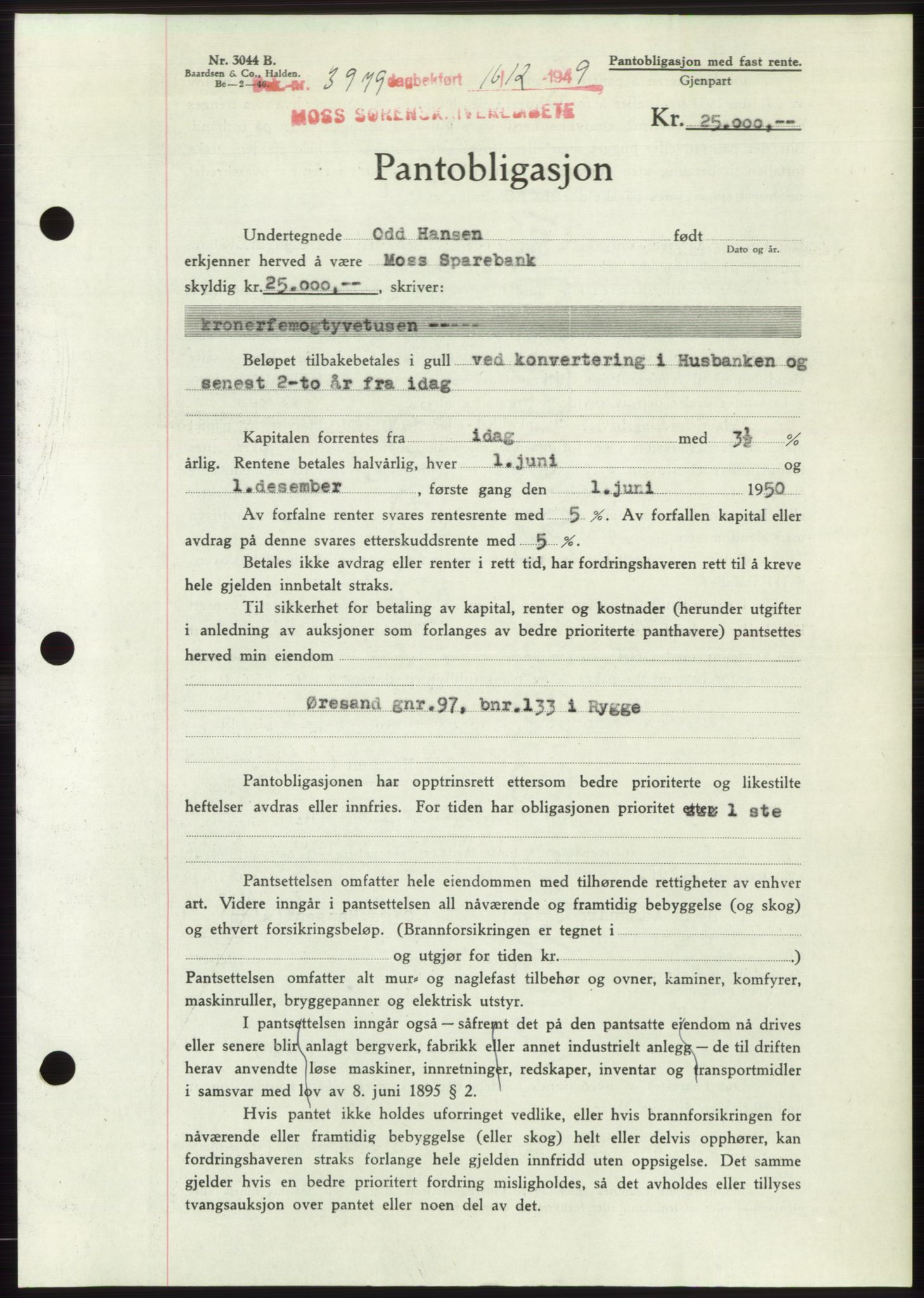 Moss sorenskriveri, SAO/A-10168: Mortgage book no. B23, 1949-1950, Diary no: : 3979/1949