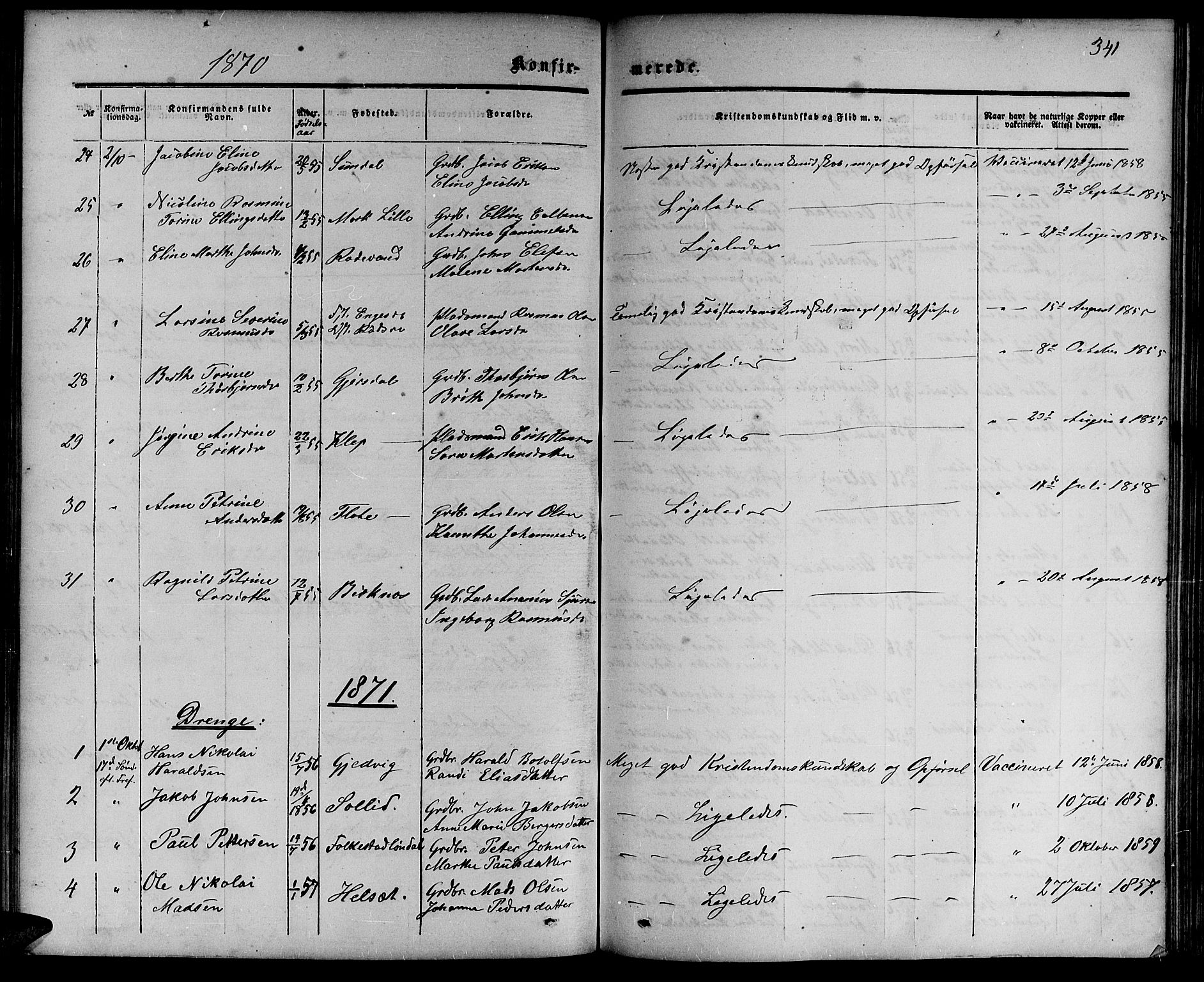 Ministerialprotokoller, klokkerbøker og fødselsregistre - Møre og Romsdal, AV/SAT-A-1454/511/L0157: Parish register (copy) no. 511C03, 1864-1884, p. 341