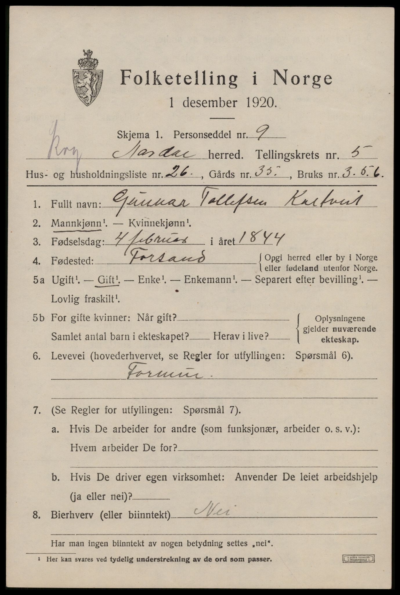 SAST, 1920 census for Årdal, 1920, p. 1752