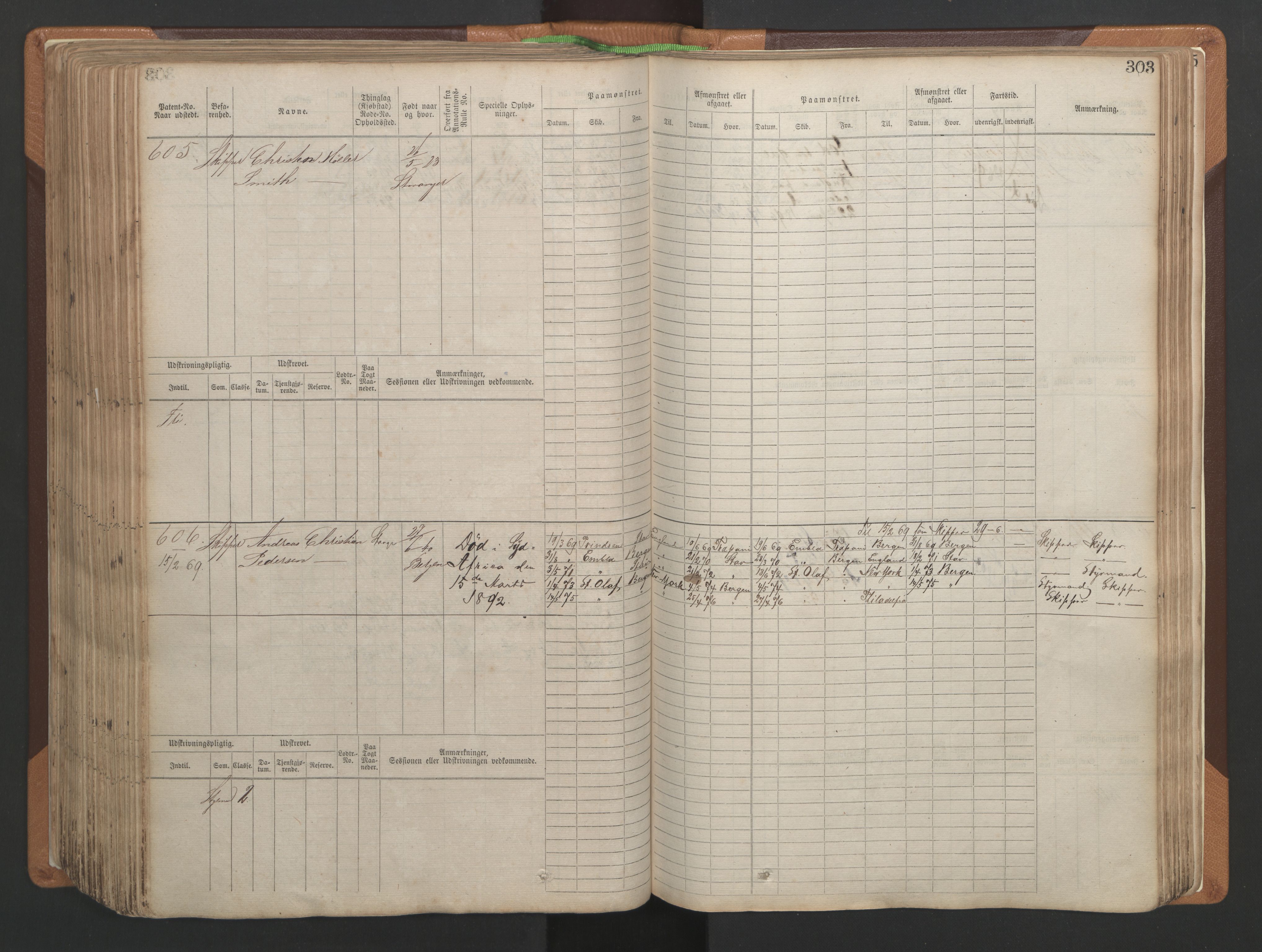 Stavanger sjømannskontor, AV/SAST-A-102006/F/Fb/Fbb/L0004: Sjøfartshovedrulle, patentnr. 1-792 (del 1), 1869-1880, p. 309