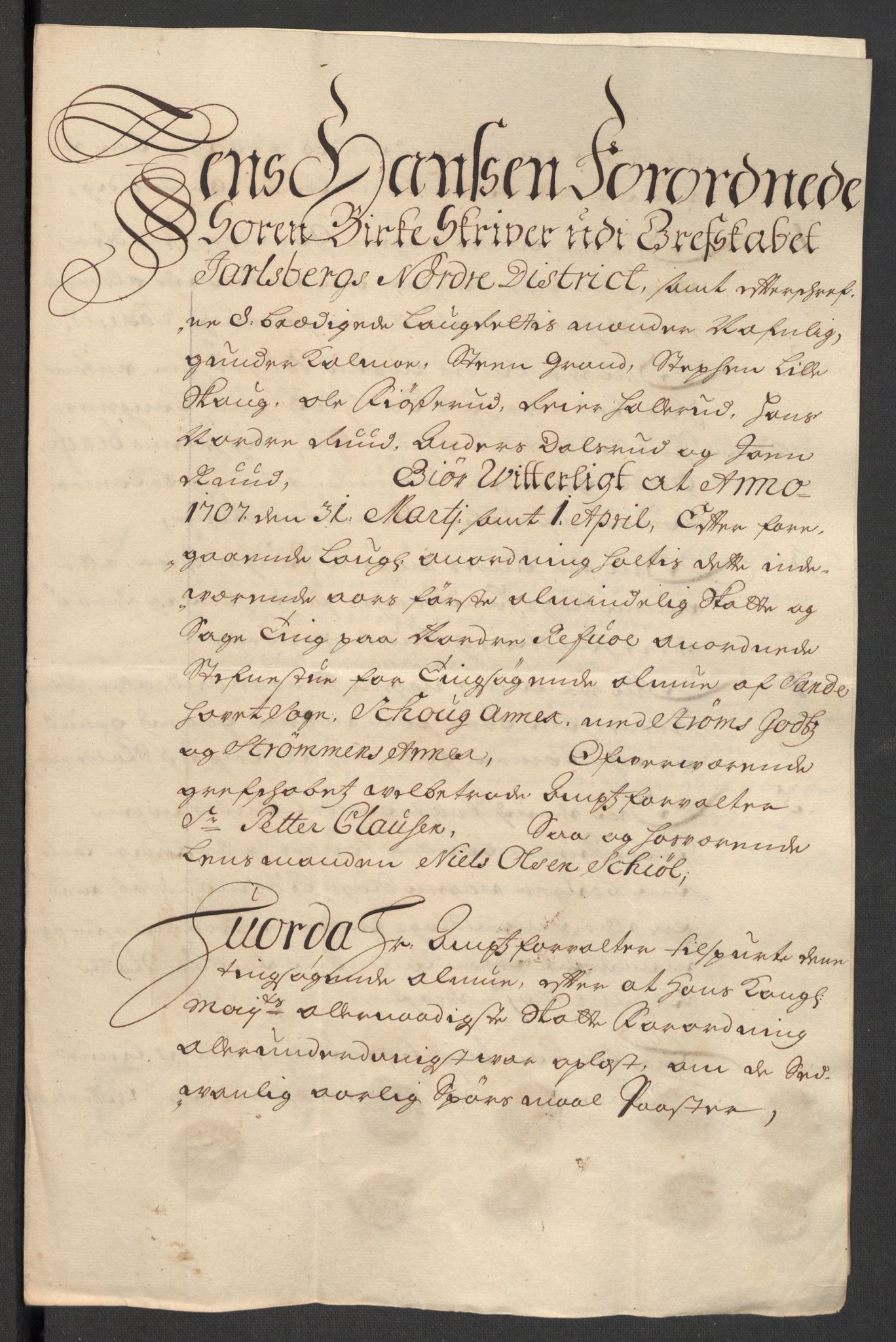 Rentekammeret inntil 1814, Reviderte regnskaper, Fogderegnskap, RA/EA-4092/R32/L1872: Fogderegnskap Jarlsberg grevskap, 1706-1707, p. 399