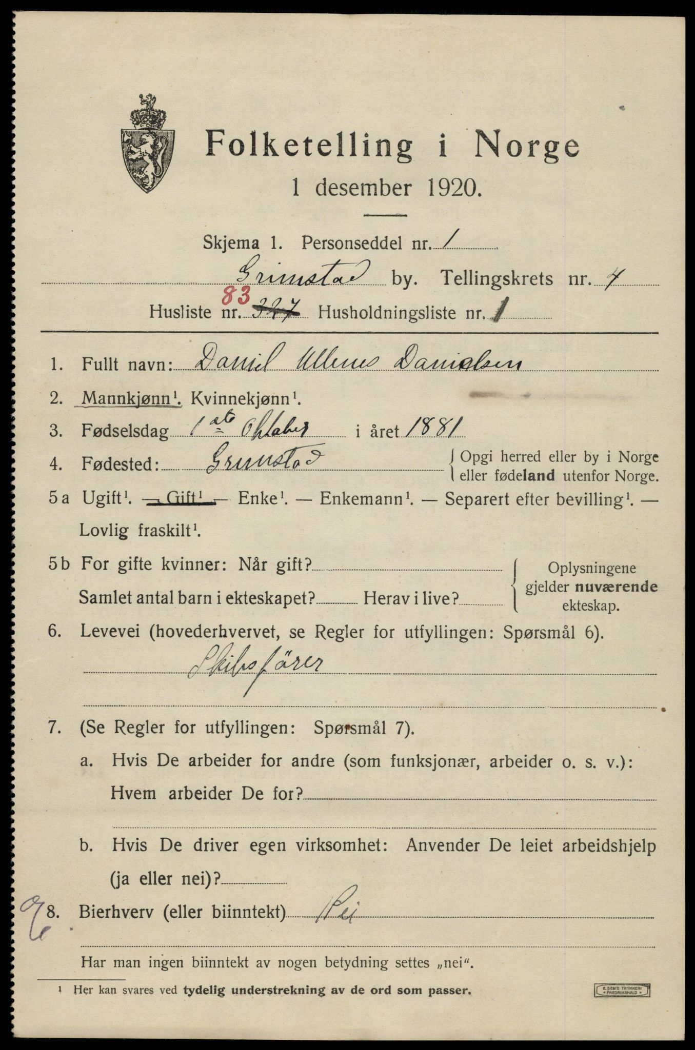 SAK, 1920 census for Grimstad, 1920, p. 6347