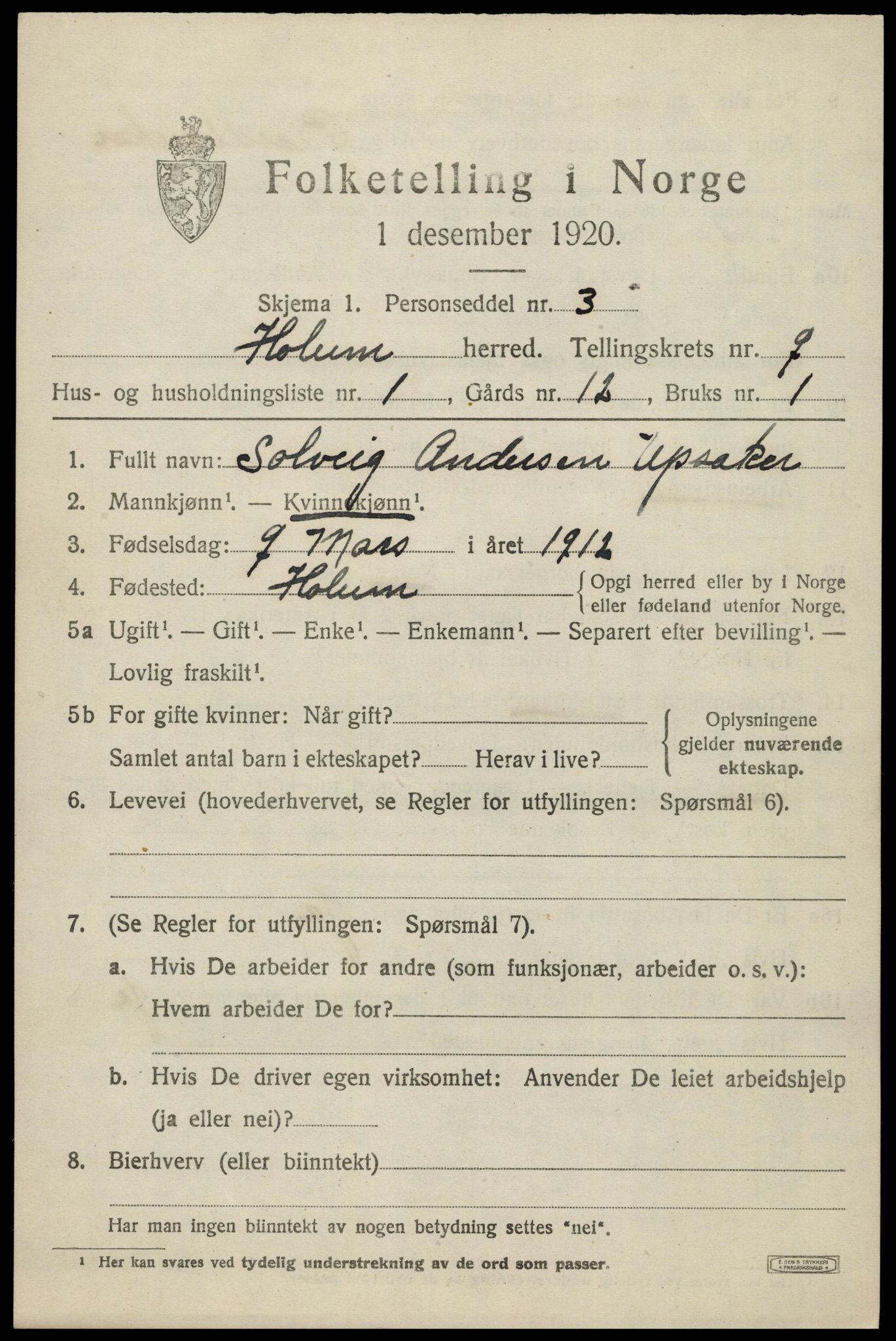 SAK, 1920 census for Holum, 1920, p. 2647