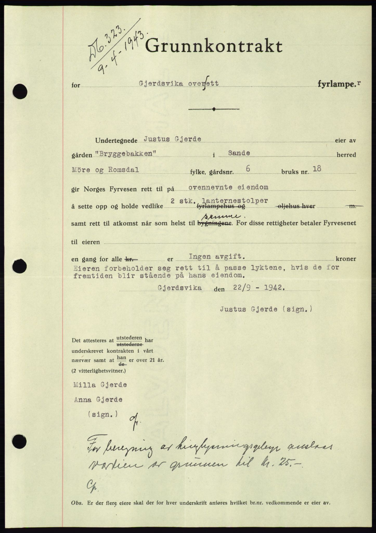 Søre Sunnmøre sorenskriveri, AV/SAT-A-4122/1/2/2C/L0075: Mortgage book no. 1A, 1943-1943, Diary no: : 323/1943