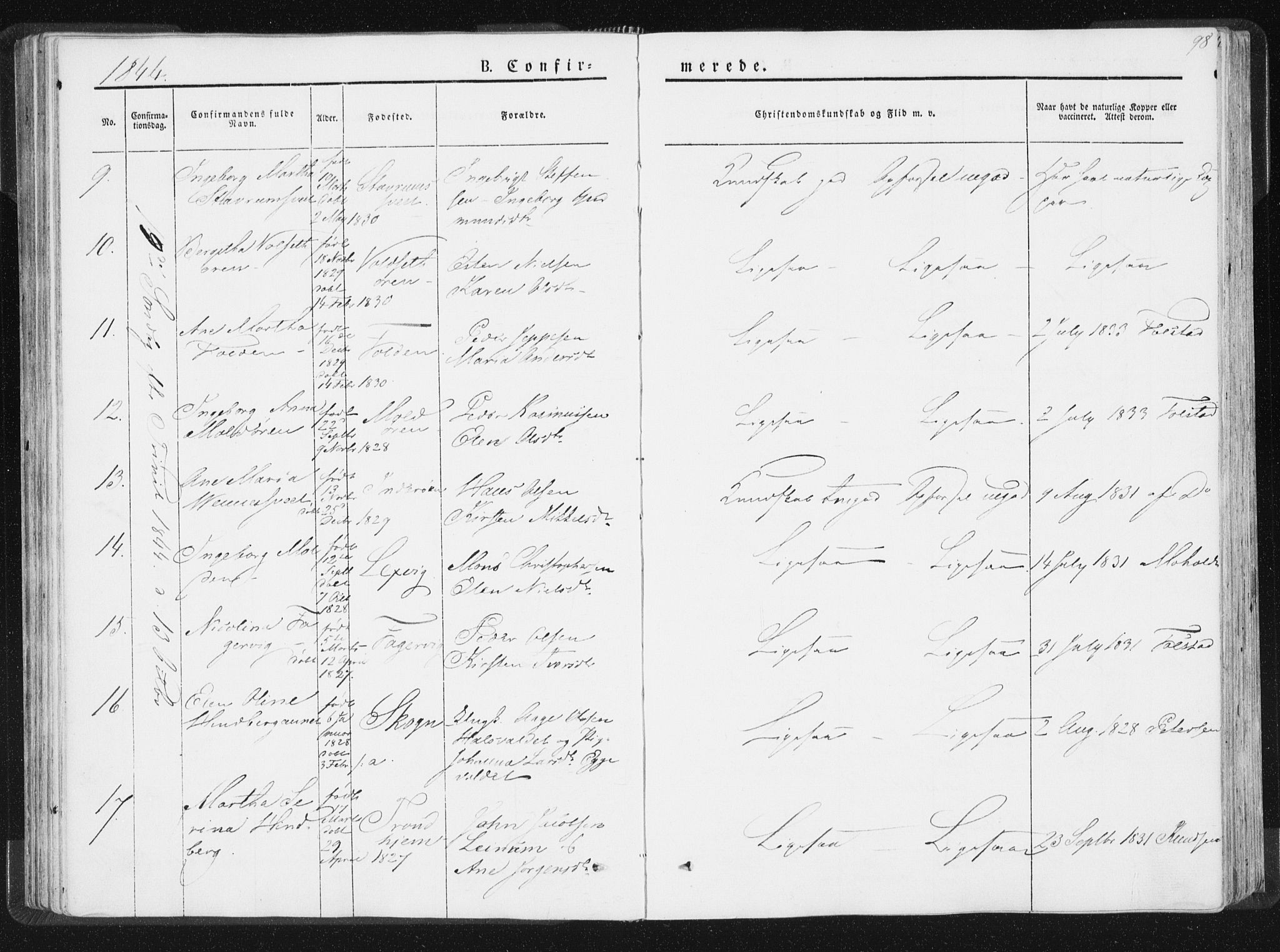 Ministerialprotokoller, klokkerbøker og fødselsregistre - Nord-Trøndelag, SAT/A-1458/744/L0418: Parish register (official) no. 744A02, 1843-1866, p. 98