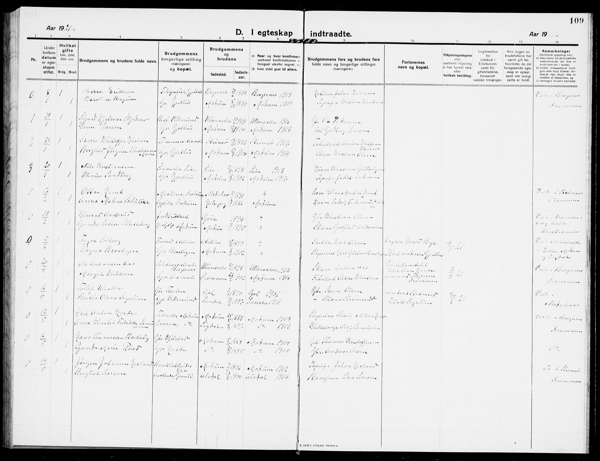 Modum kirkebøker, AV/SAKO-A-234/G/Ga/L0010: Parish register (copy) no. I 10, 1909-1923, p. 109