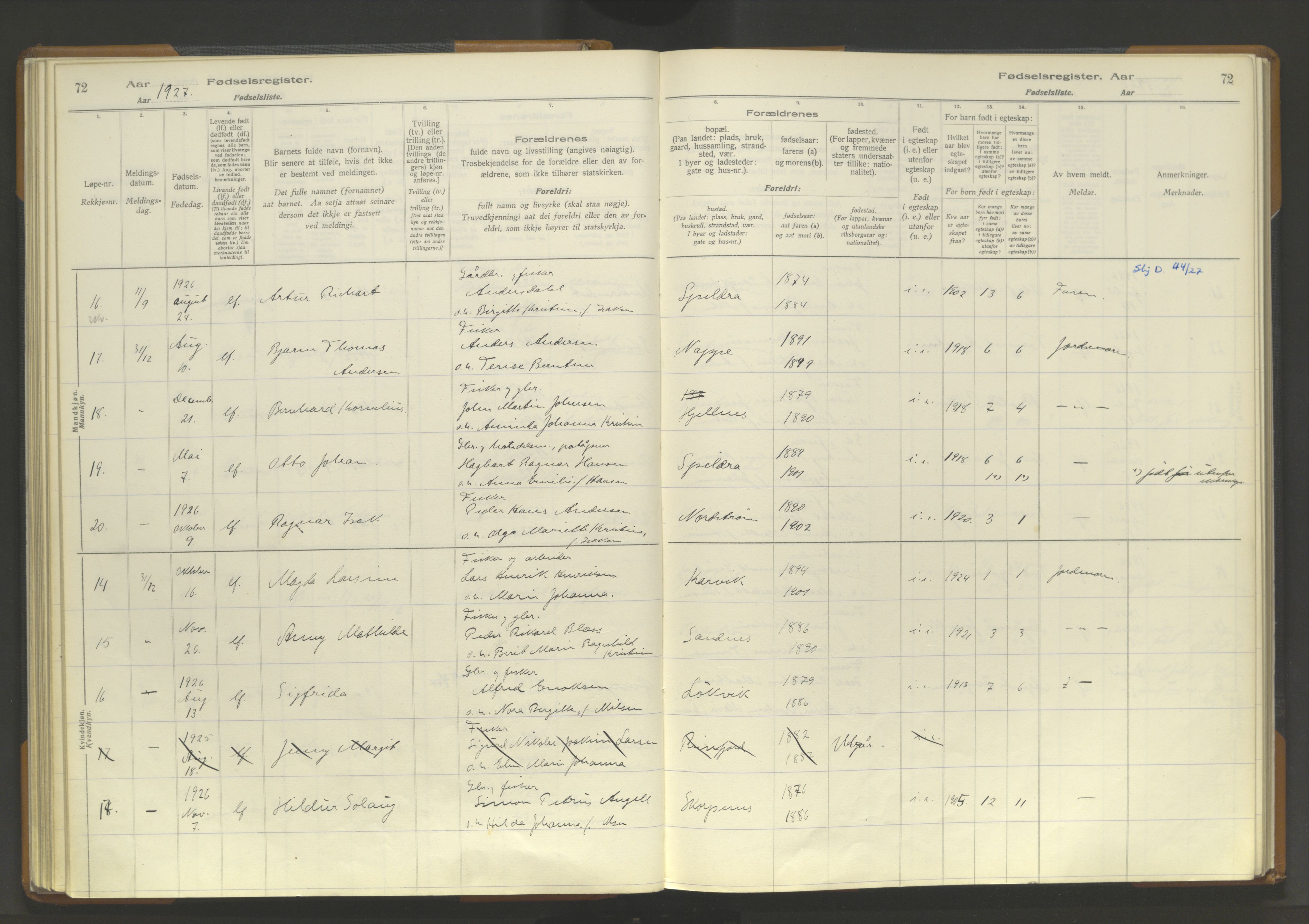 Skjervøy sokneprestkontor, AV/SATØ-S-1300/I/Ia/L0062: Birth register no. 62, 1916-1950, p. 72