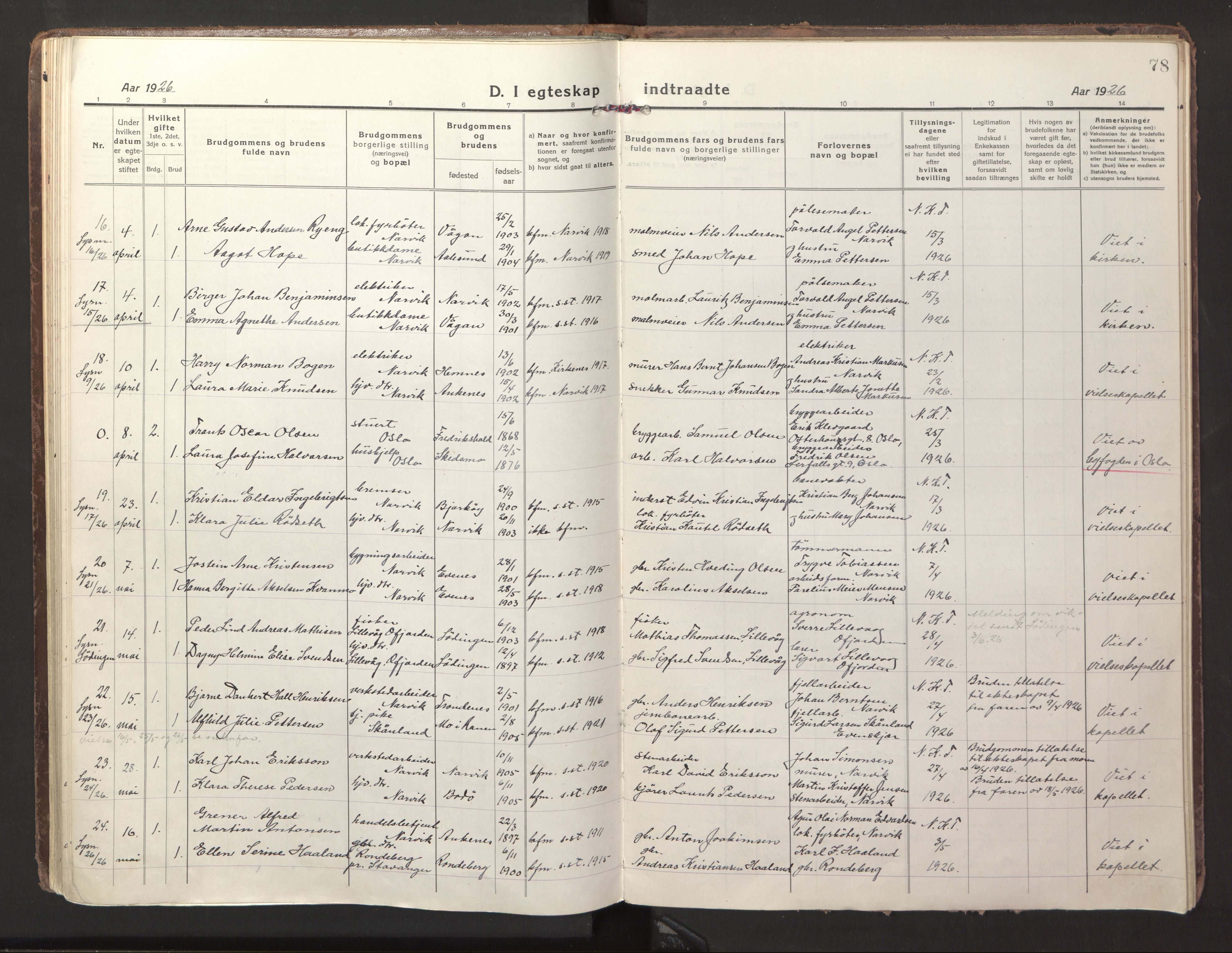 Ministerialprotokoller, klokkerbøker og fødselsregistre - Nordland, SAT/A-1459/871/L1002: Parish register (official) no. 871A18, 1917-1926, p. 78