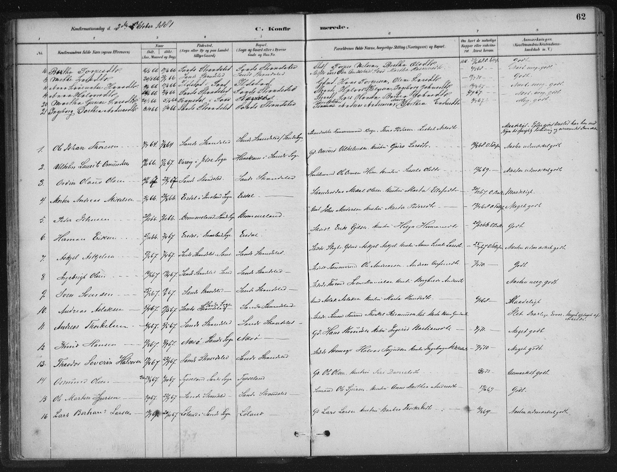 Sand sokneprestkontor, SAST/A-101848/01/III/L0005: Parish register (official) no. A 5, 1880-1898, p. 62