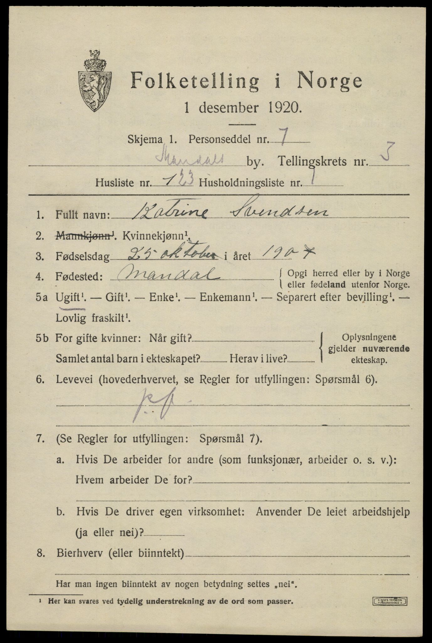 SAK, 1920 census for Mandal, 1920, p. 6865