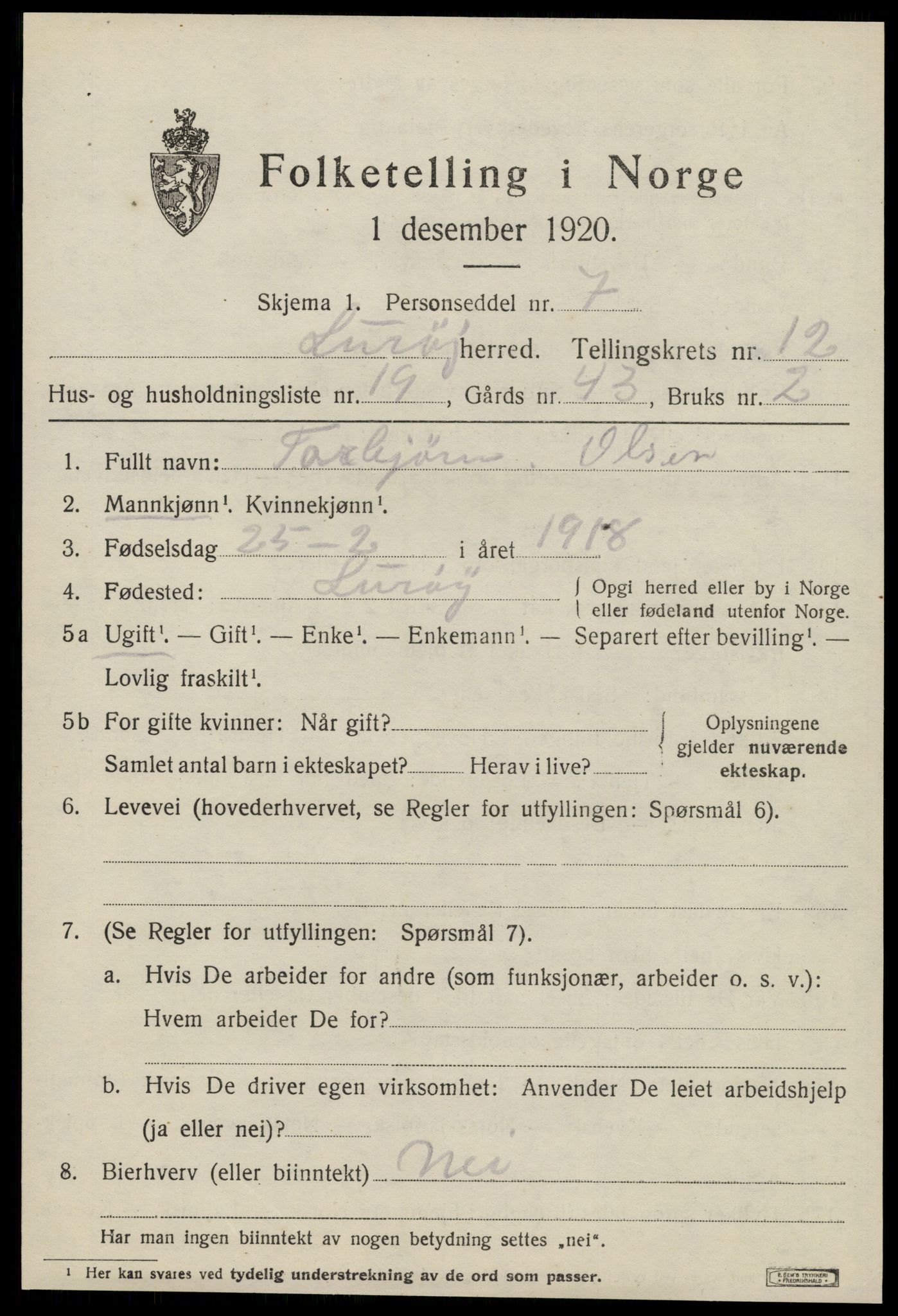 SAT, 1920 census for Lurøy, 1920, p. 5181