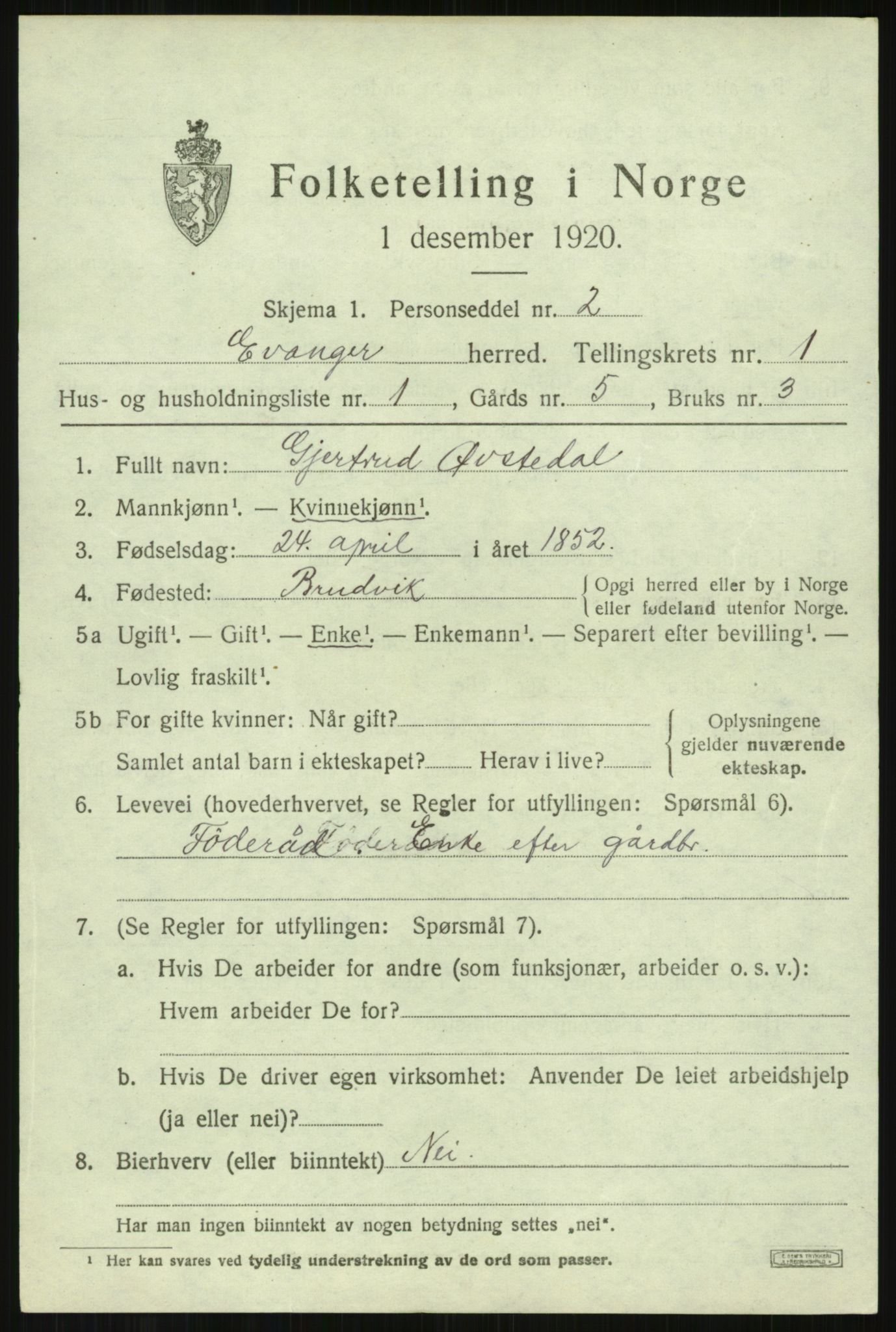 SAB, 1920 census for Evanger, 1920, p. 705