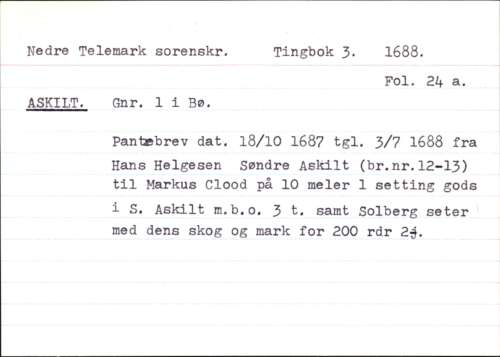 Statsarkivet i Kongsberg, AV/SAKO-A-0001/E/Ed/L0003/0002: Registerkort til avskrifter for eiendommer i Telemark / Eiendommer i Bø kommune, 1600-1950, p. 3