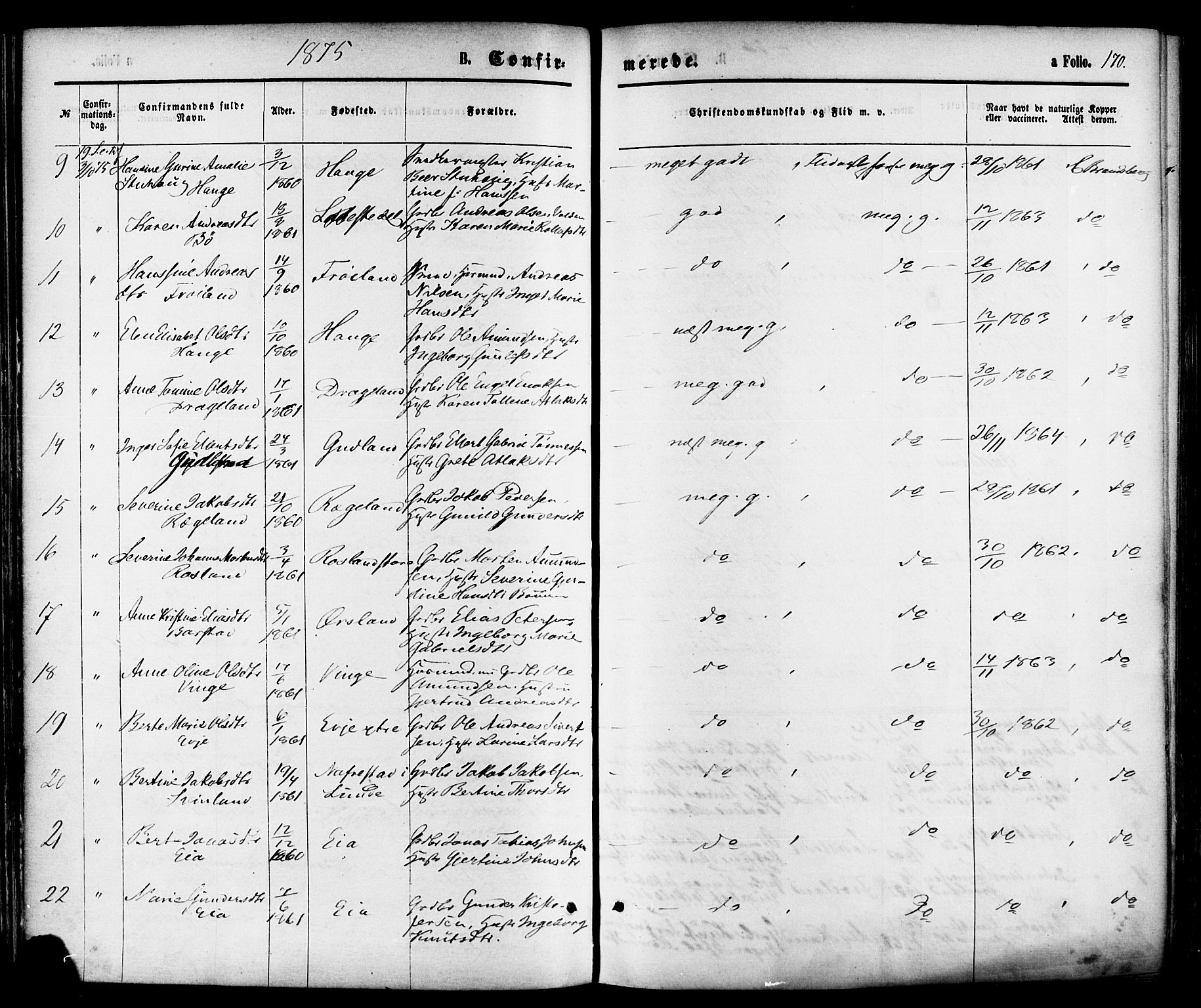 Sokndal sokneprestkontor, AV/SAST-A-101808: Parish register (official) no. A 10, 1874-1886, p. 170