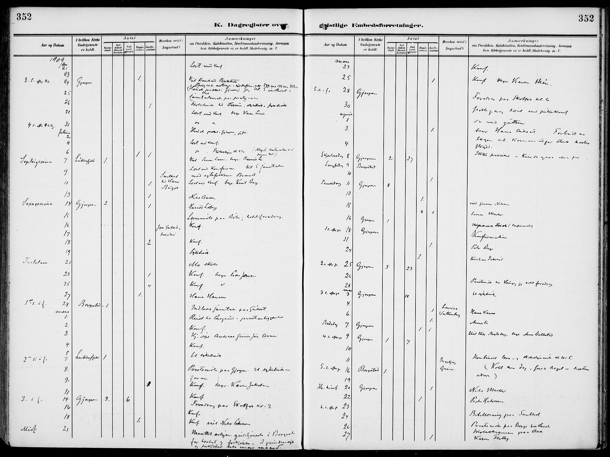 Gjerpen kirkebøker, SAKO/A-265/F/Fa/L0012: Parish register (official) no. I 12, 1905-1913, p. 352