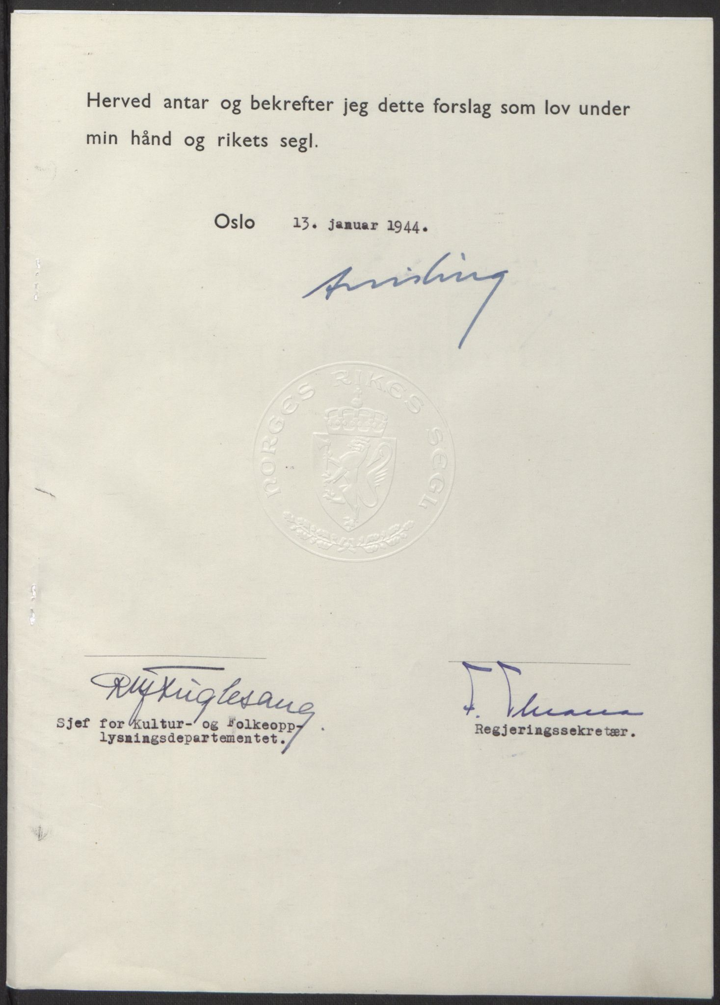 NS-administrasjonen 1940-1945 (Statsrådsekretariatet, de kommisariske statsråder mm), AV/RA-S-4279/D/Db/L0100: Lover, 1944, p. 33