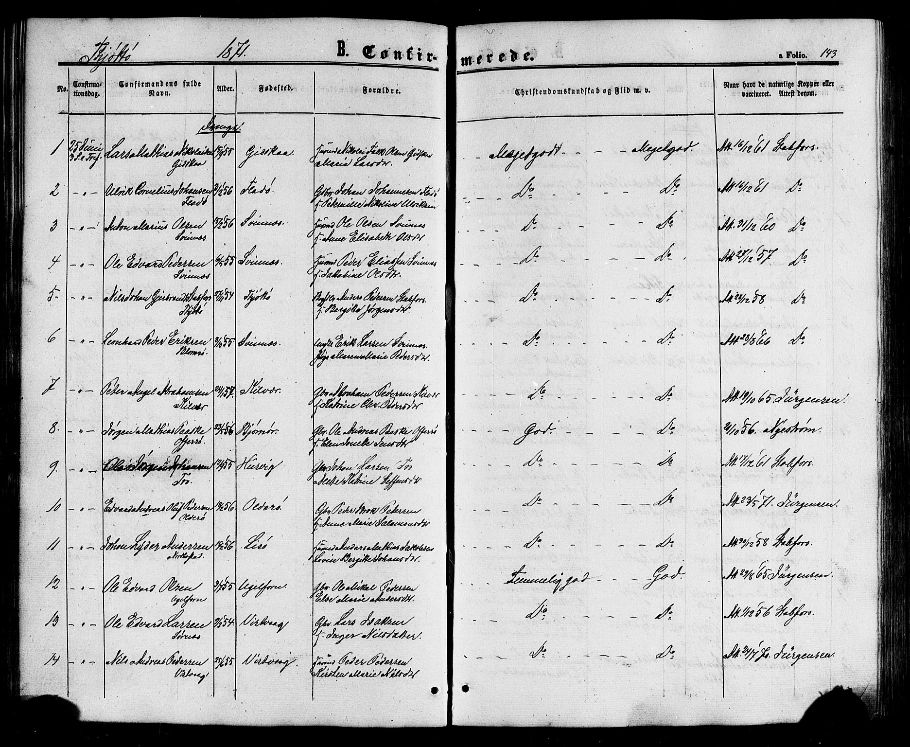 Ministerialprotokoller, klokkerbøker og fødselsregistre - Nordland, SAT/A-1459/817/L0262: Parish register (official) no. 817A03/ 1, 1862-1877, p. 143