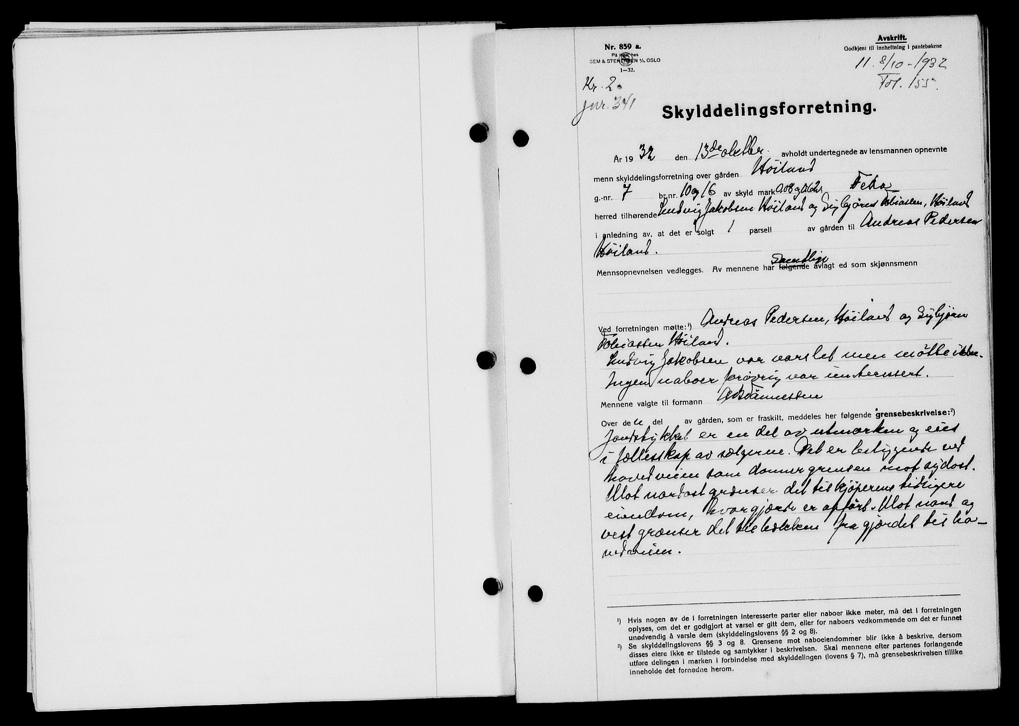 Flekkefjord sorenskriveri, SAK/1221-0001/G/Gb/Gba/L0047: Mortgage book no. 45, 1931-1932, Deed date: 18.10.1932