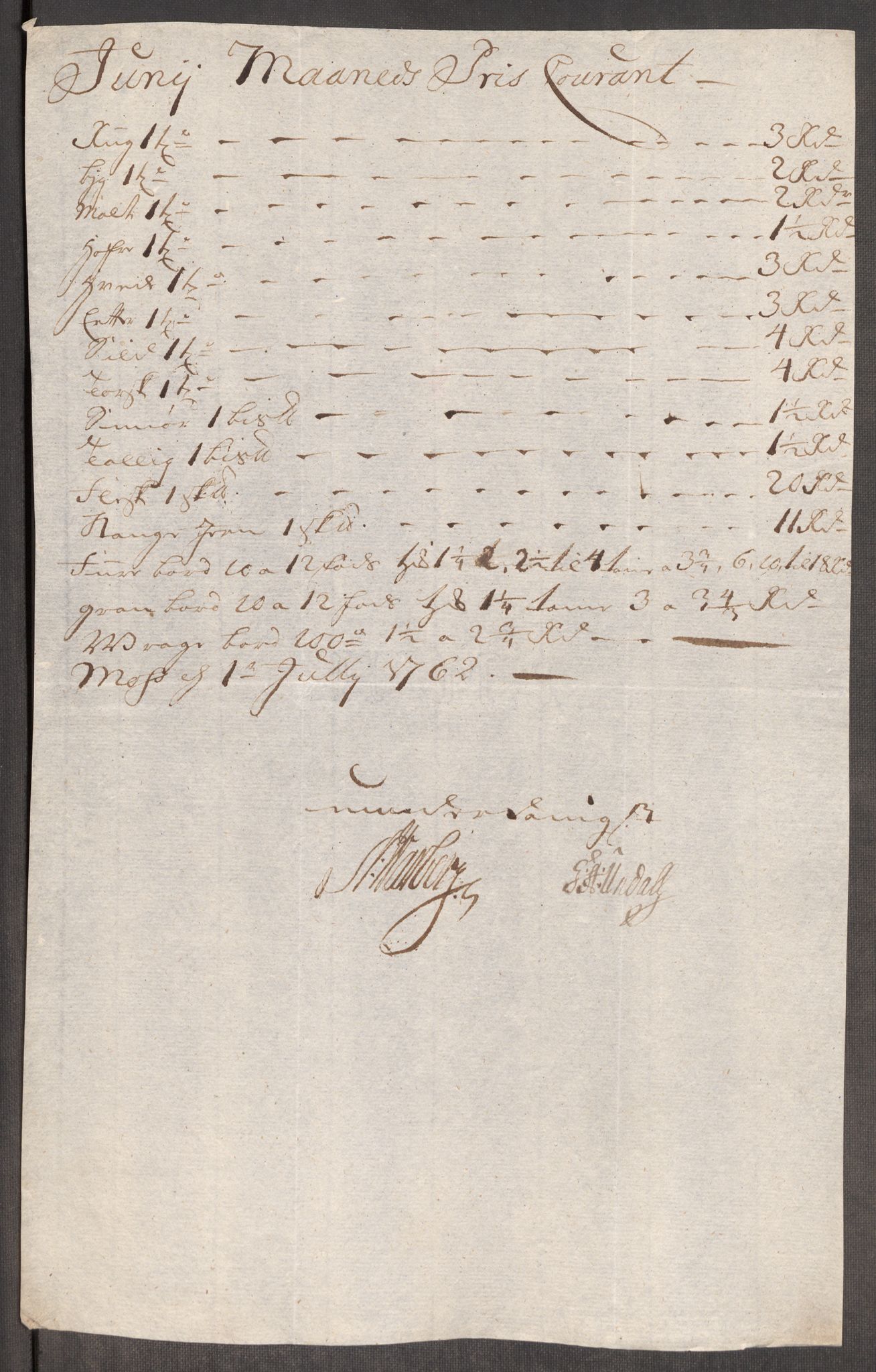 Rentekammeret inntil 1814, Realistisk ordnet avdeling, AV/RA-EA-4070/Oe/L0007: [Ø1]: Priskuranter, 1761-1763, p. 332