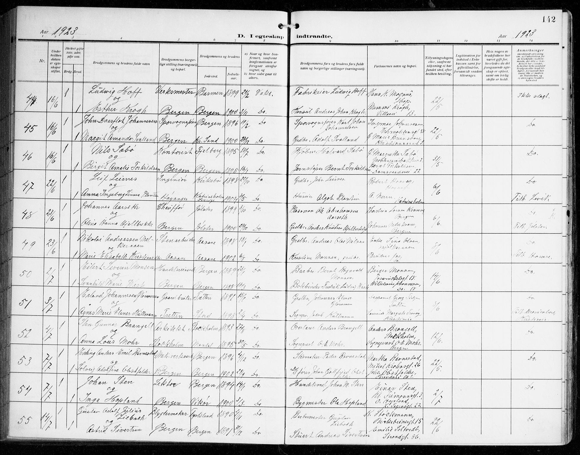 Johanneskirken sokneprestembete, SAB/A-76001/H/Haa/L0013: Parish register (official) no. D 2, 1912-1929, p. 142