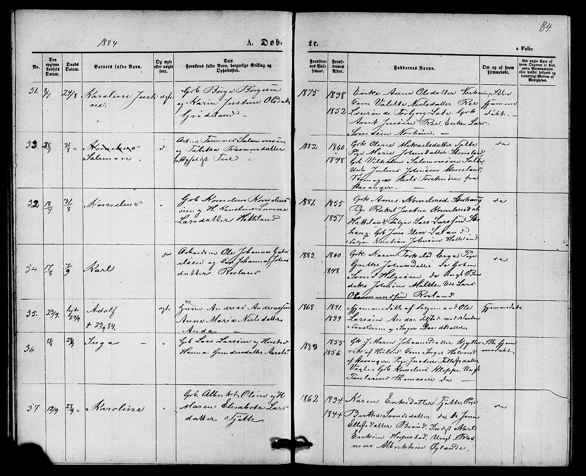 Klepp sokneprestkontor, AV/SAST-A-101803/001/3/30BB/L0003: Parish register (copy) no. B 3, 1876-1888, p. 84