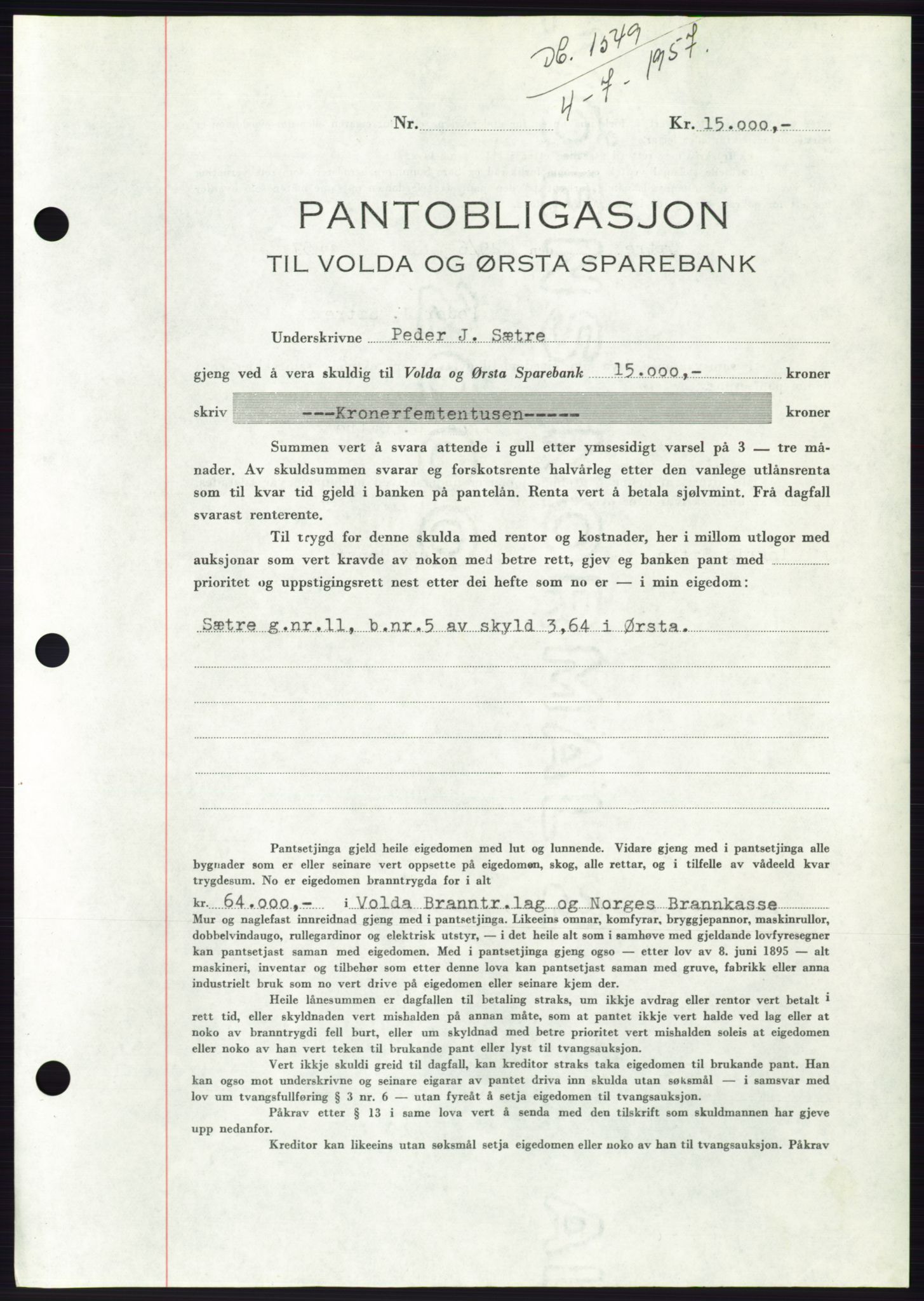 Søre Sunnmøre sorenskriveri, AV/SAT-A-4122/1/2/2C/L0130: Mortgage book no. 18B, 1957-1958, Diary no: : 1549/1957