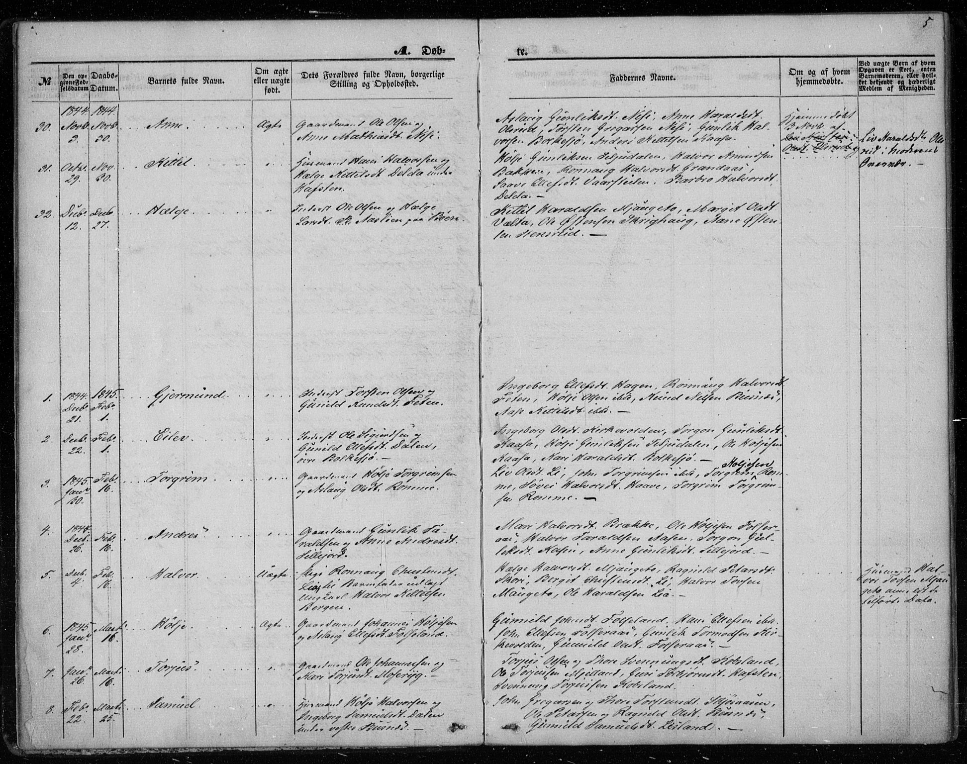 Gransherad kirkebøker, SAKO/A-267/F/Fa/L0002: Parish register (official) no. I 2, 1844-1859, p. 5