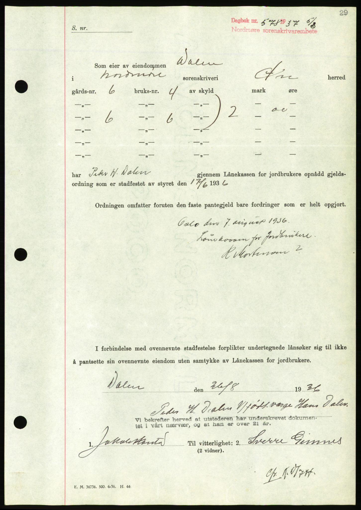 Nordmøre sorenskriveri, AV/SAT-A-4132/1/2/2Ca/L0091: Mortgage book no. B81, 1937-1937, Diary no: : 578/1937